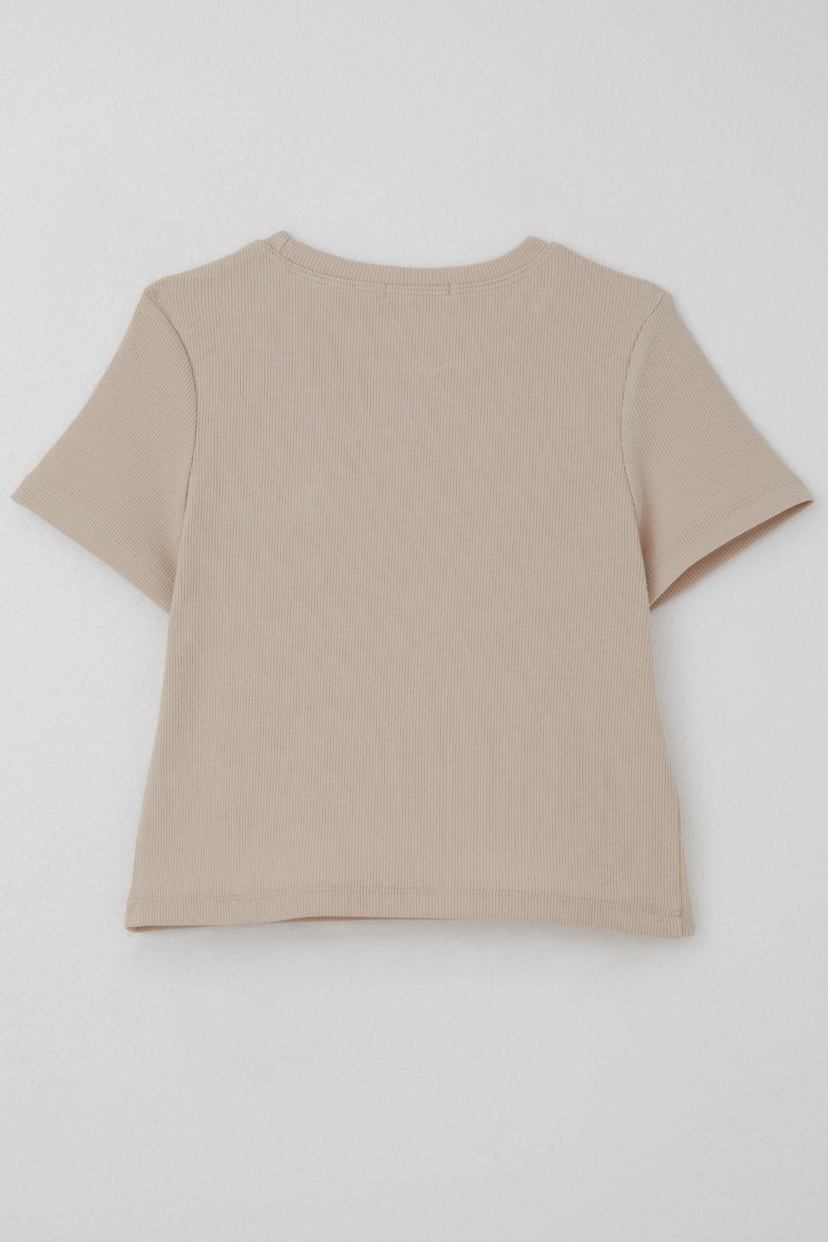 Breeze Kız Çocuk Tişört Çiçek Aksesuarlı İnci Detaylı Bej (9-14 Yaş)