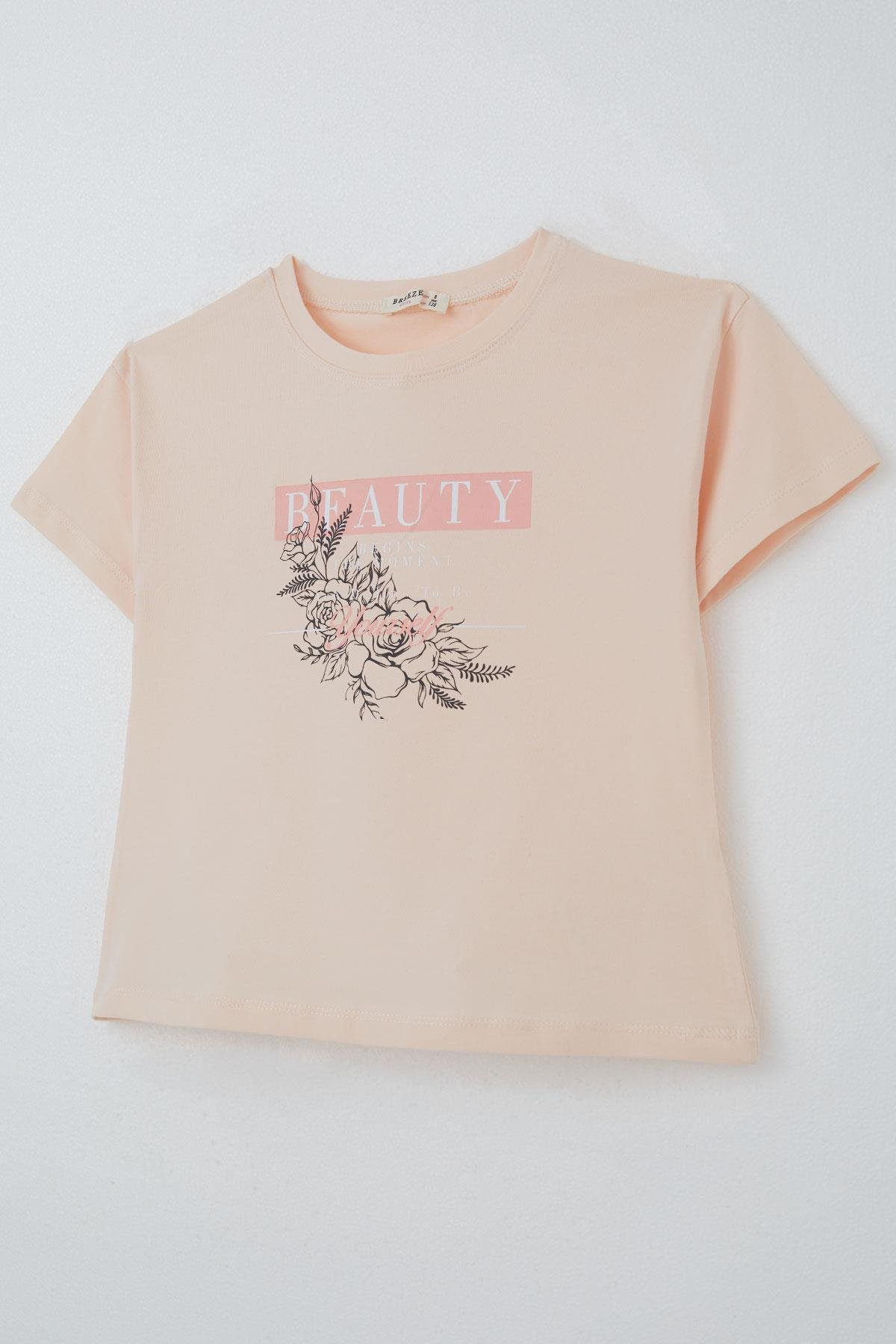 Breeze Kız Çocuk Tişört Çiçek Baskılı Pudra (8-14 Yaş)