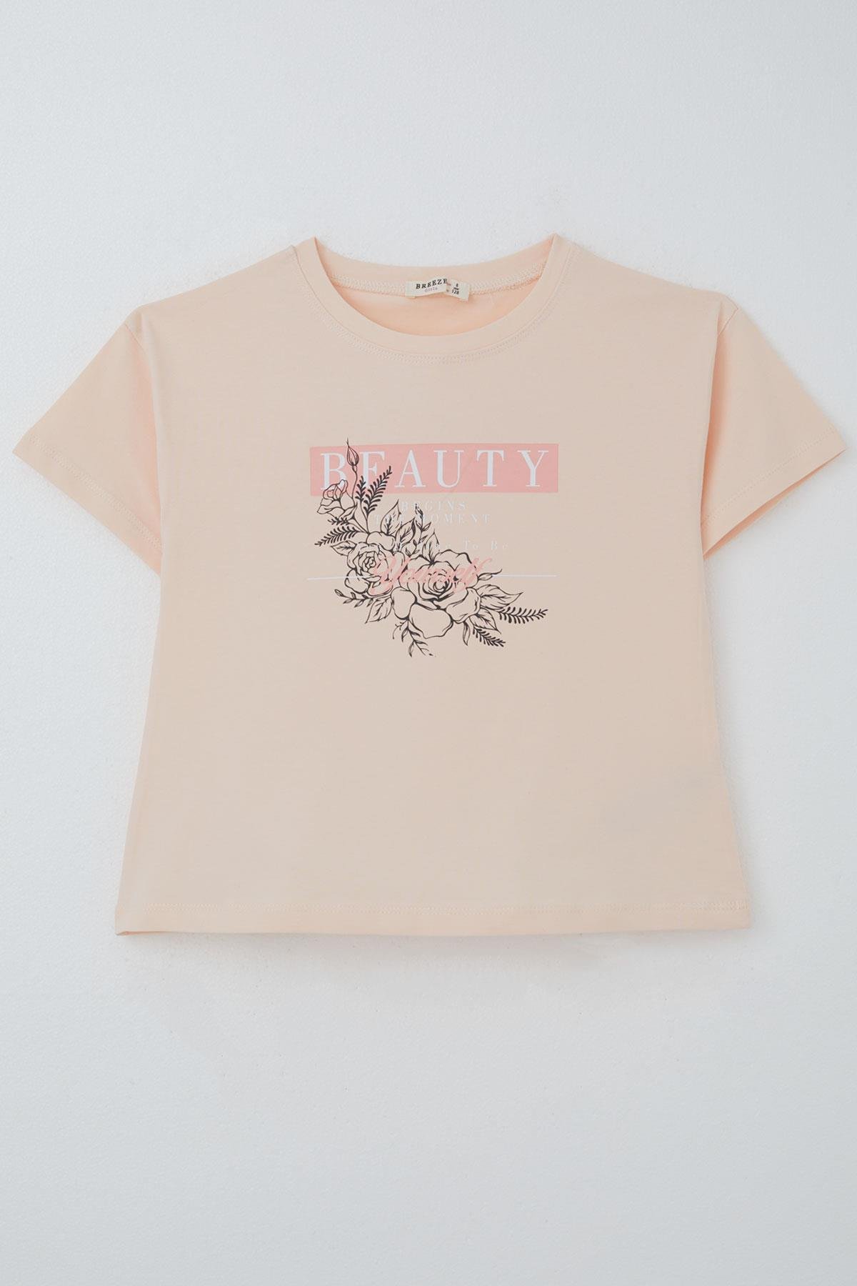Breeze Kız Çocuk Tişört Çiçek Baskılı Pudra (8-14 Yaş)