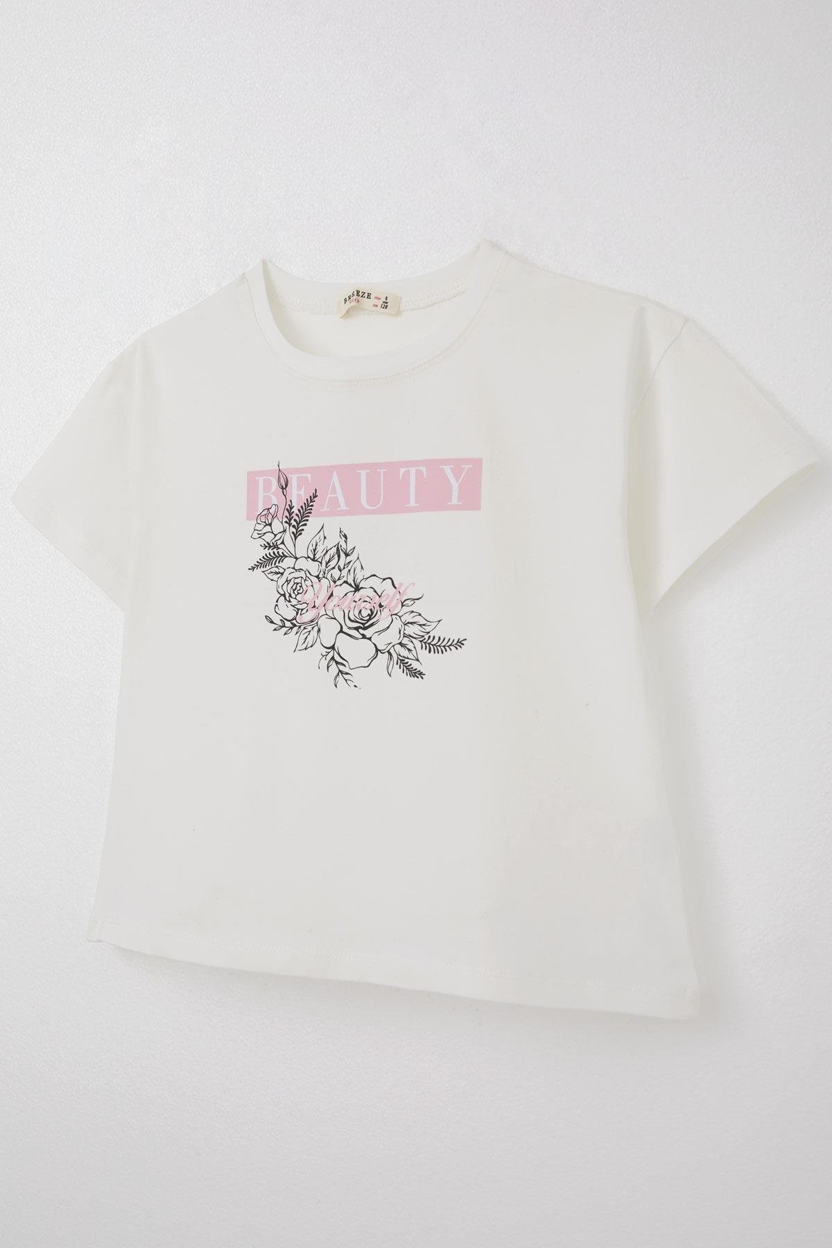 Breeze Kız Çocuk Tişört Çiçek Baskılı Ekru (8-14 Yaş)