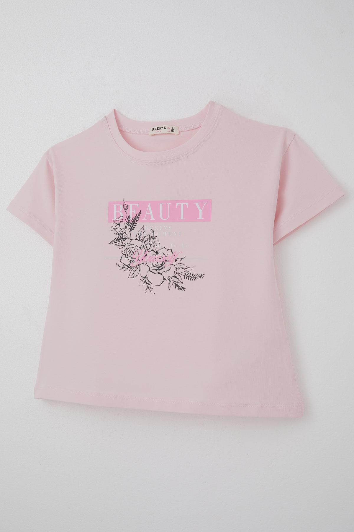 Breeze Kız Çocuk Tişört Çiçek Baskılı Pembe (8-14 Yaş)
