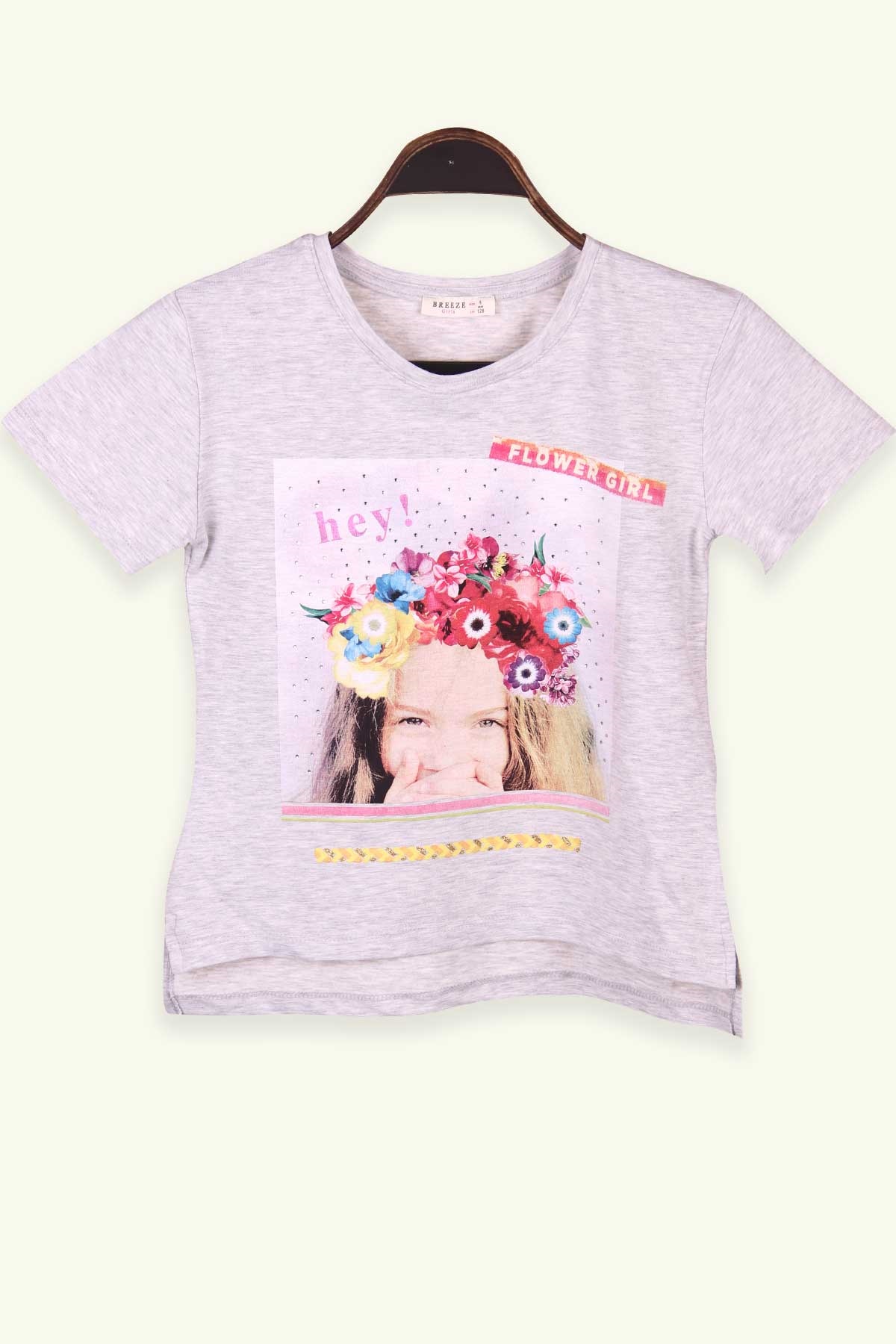 Breeze Kız Çocuk Tişört Çiçekli Kız Baskılı Açık Gri Melanj (8-14 Yaş)