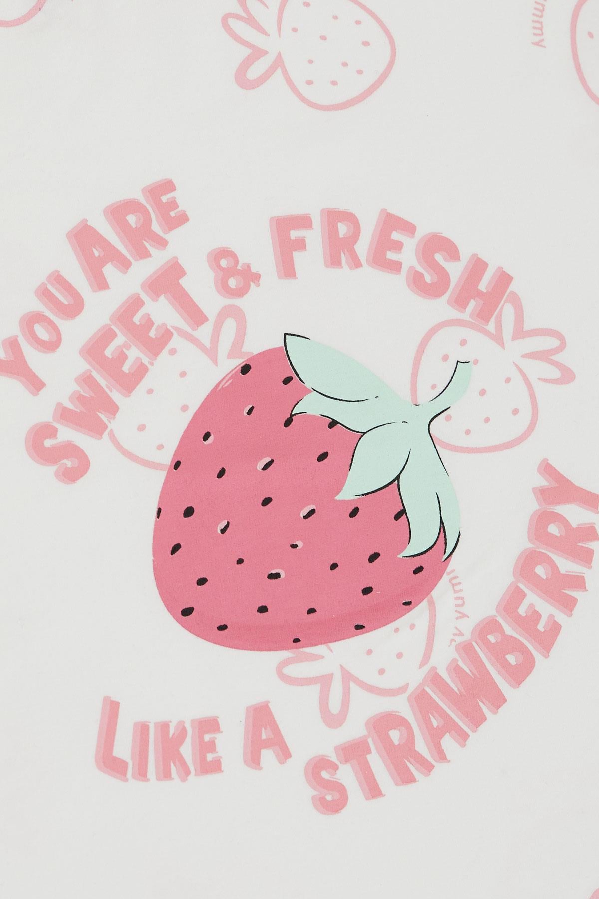 Breeze Kız Çocuk Tişört Crop Çilek & Yazı Baskılı Ekru (6-12 Yaş)