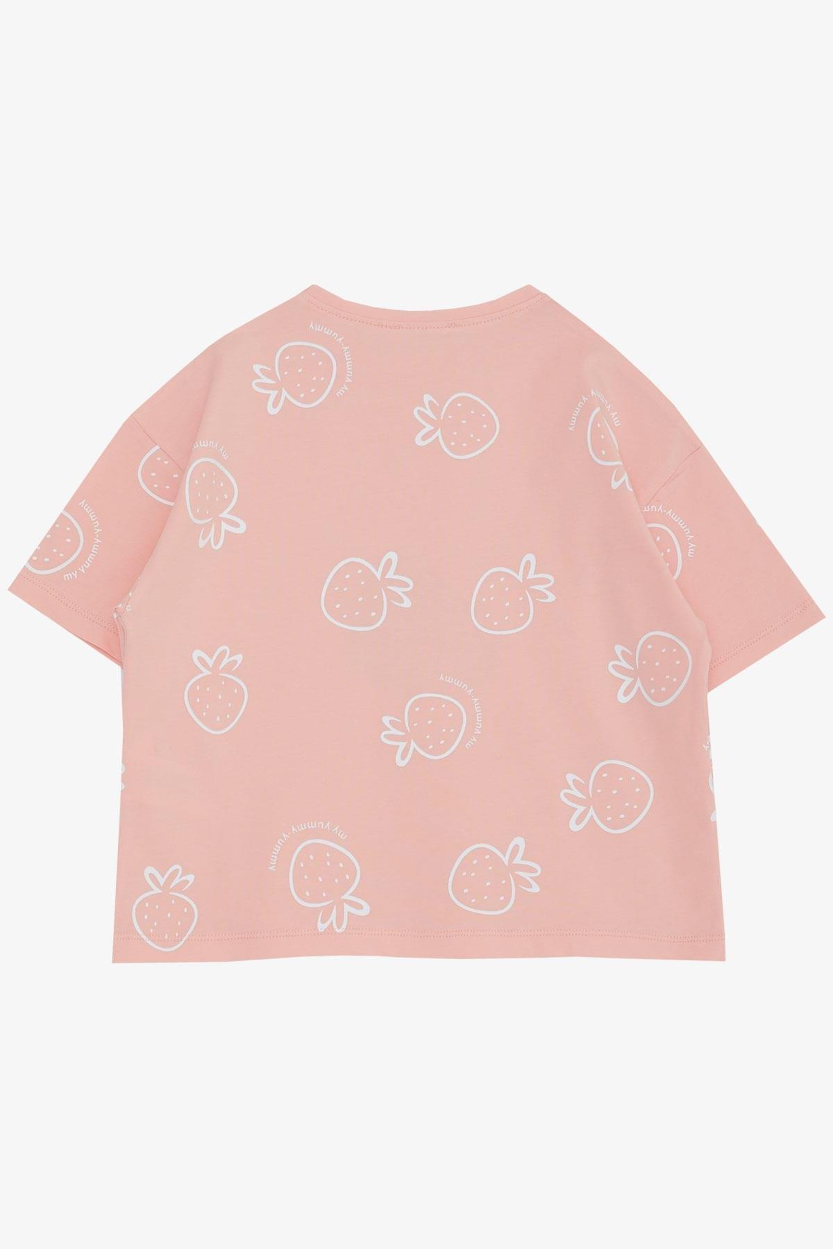 Breeze Kız Çocuk Tişört Crop Çilek & Yazı Baskılı Somon (6-12 Yaş)
