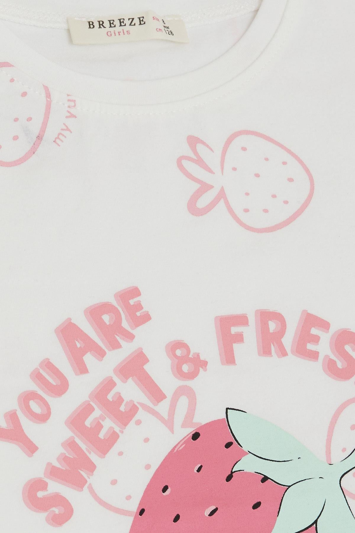 Breeze Kız Çocuk Tişört Crop Çilek & Yazı Baskılı Ekru (6-12 Yaş)