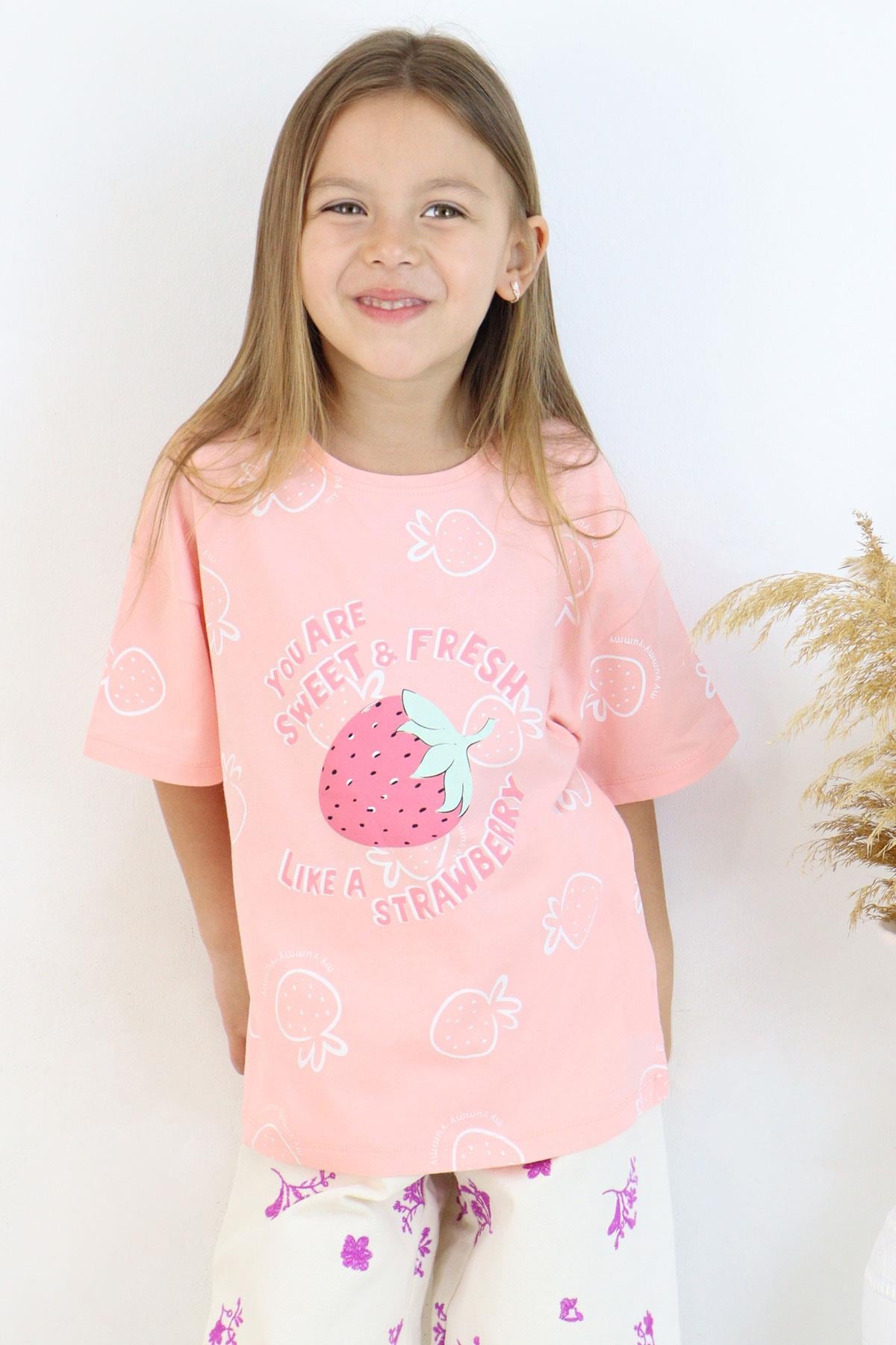 Breeze Kız Çocuk Tişört Crop Çilek & Yazı Baskılı Somon (6-12 Yaş)
