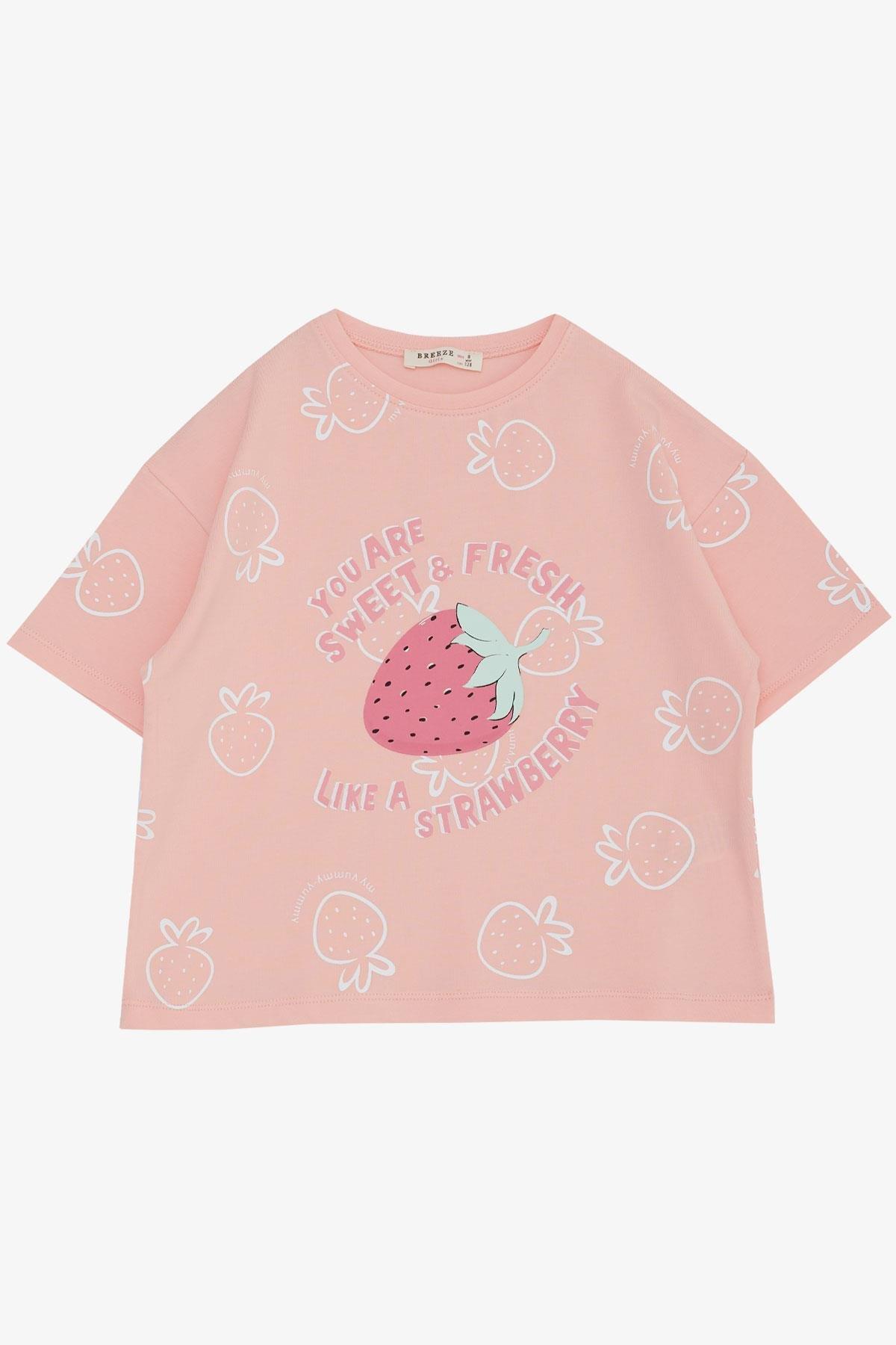 Breeze Kız Çocuk Tişört Crop Çilek & Yazı Baskılı Somon (6-12 Yaş)