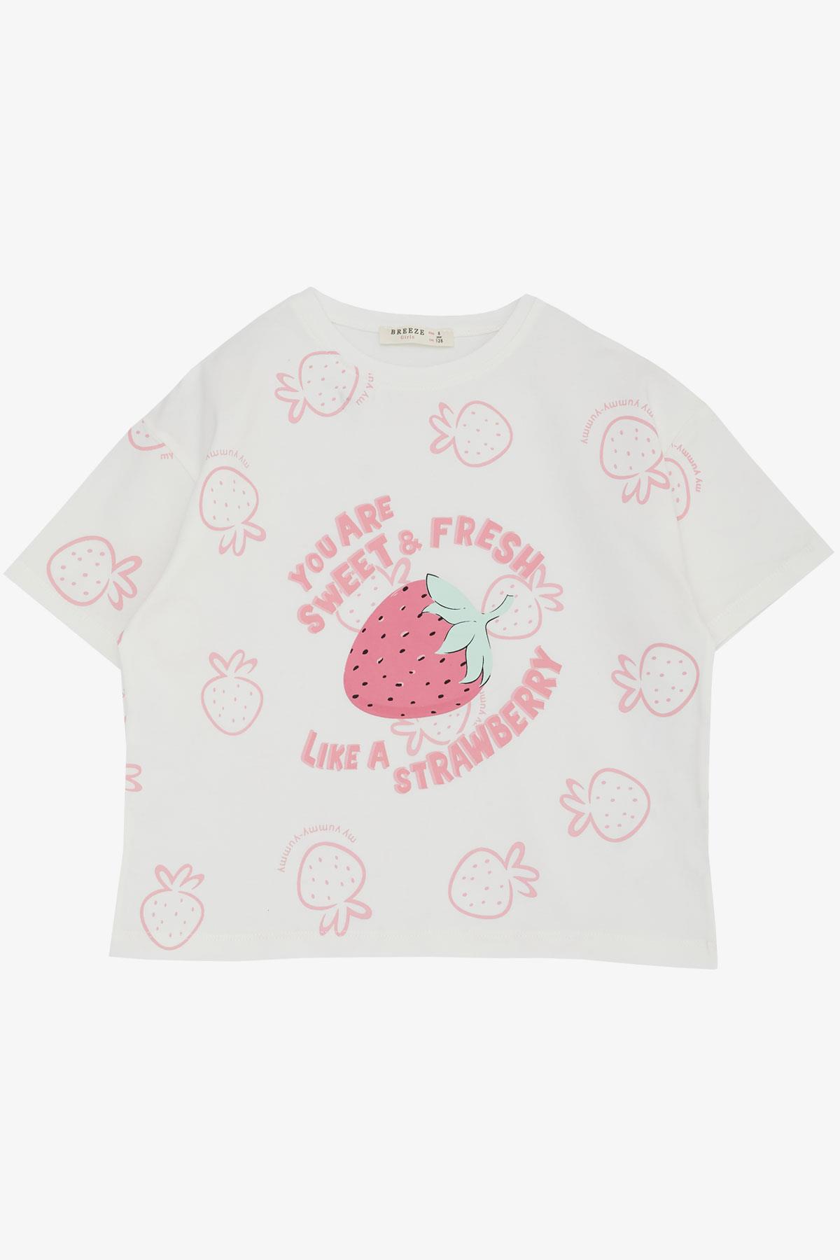 Breeze Kız Çocuk Tişört Crop Çilek & Yazı Baskılı Ekru (6-12 Yaş)