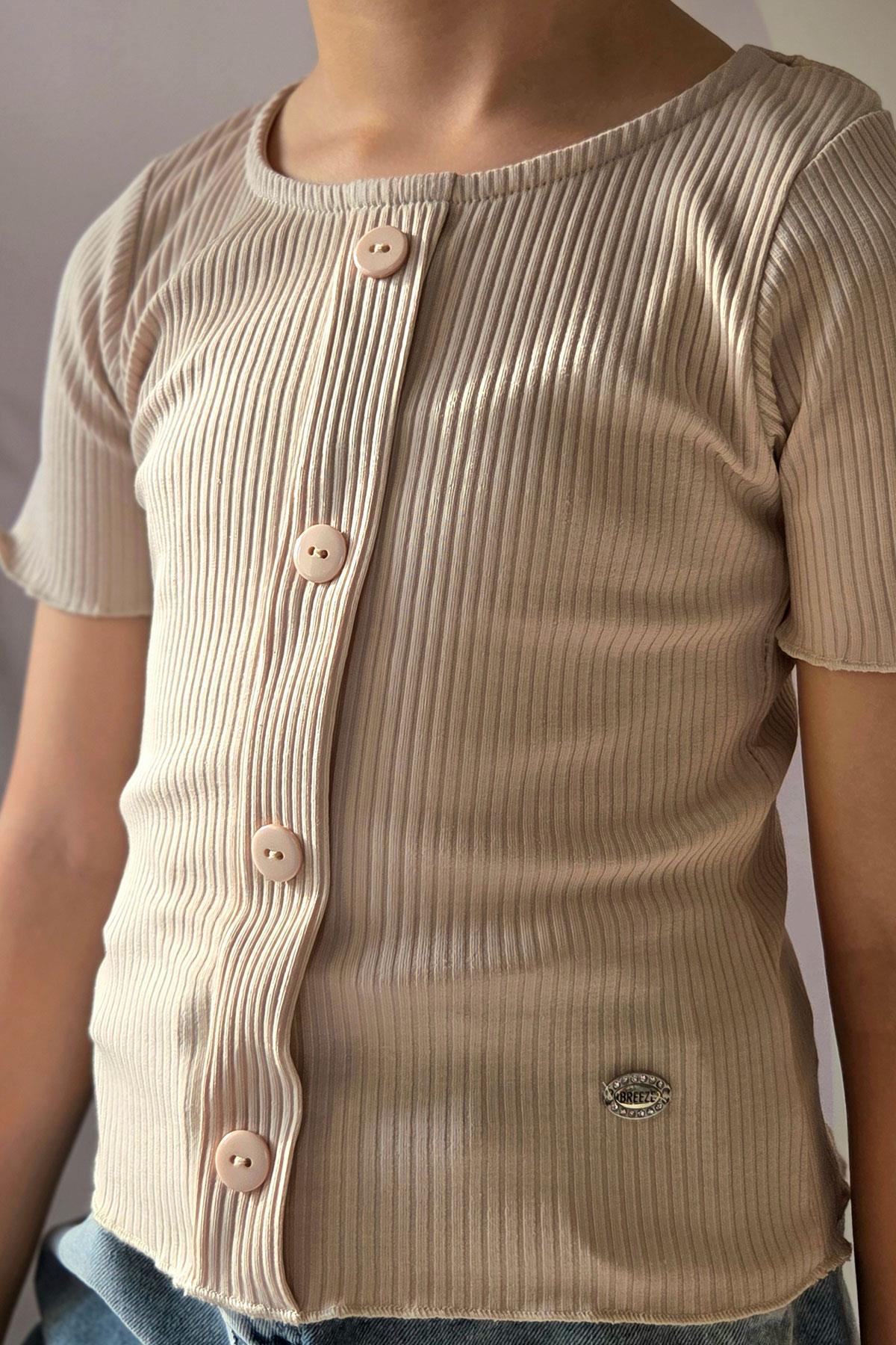 Breeze Kız Çocuk Tişört Crop Düğme Aksesuarlı Bej (8-14 Yaş)