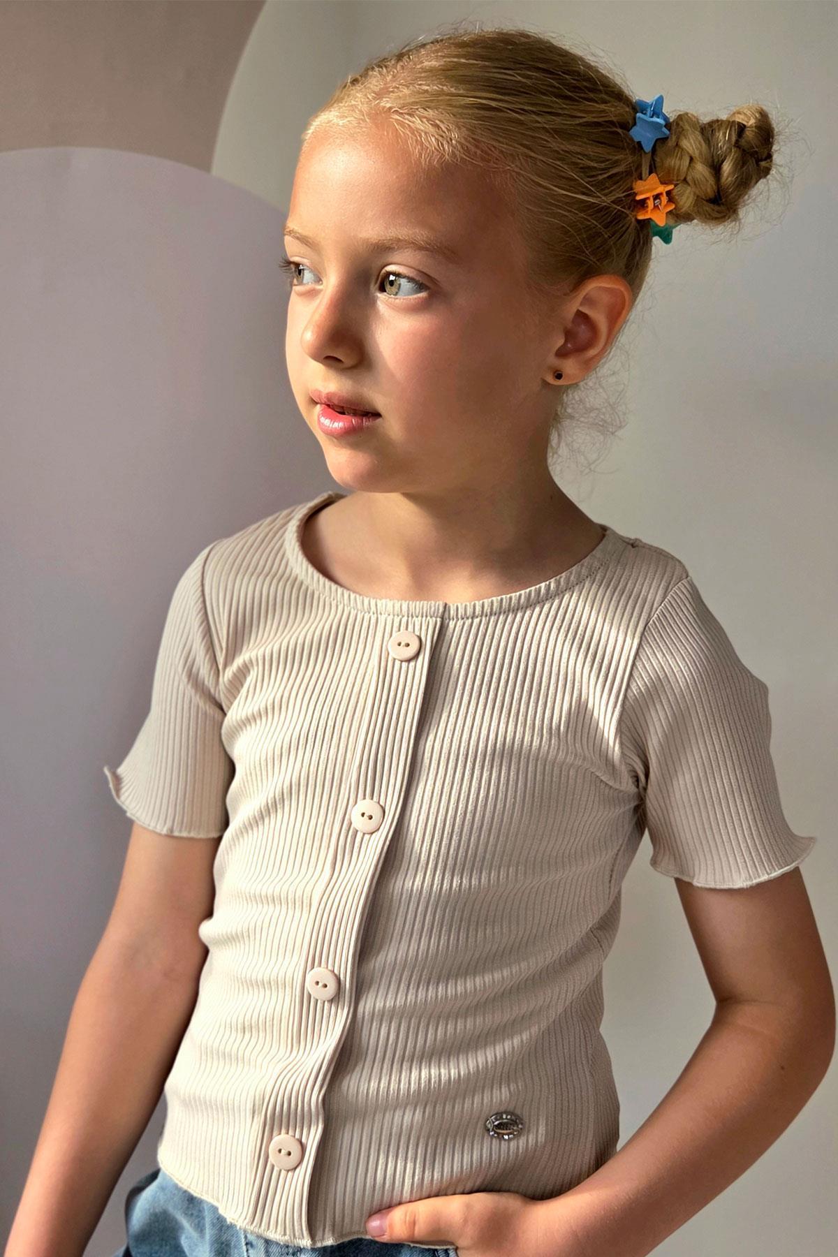 Breeze Kız Çocuk Tişört Crop Düğme Aksesuarlı Bej (8-14 Yaş)