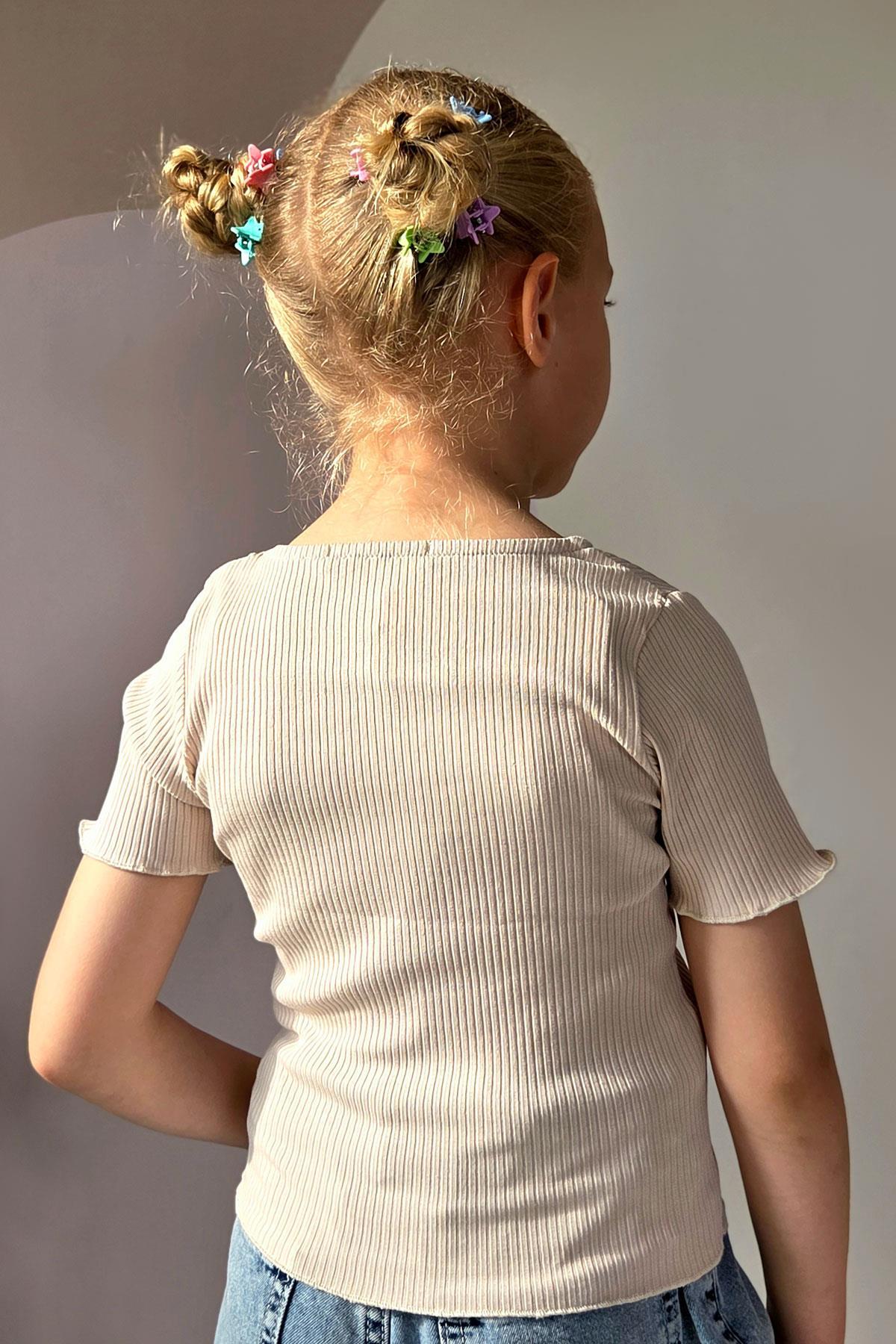 Breeze Kız Çocuk Tişört Crop Düğme Aksesuarlı Bej (8-14 Yaş)