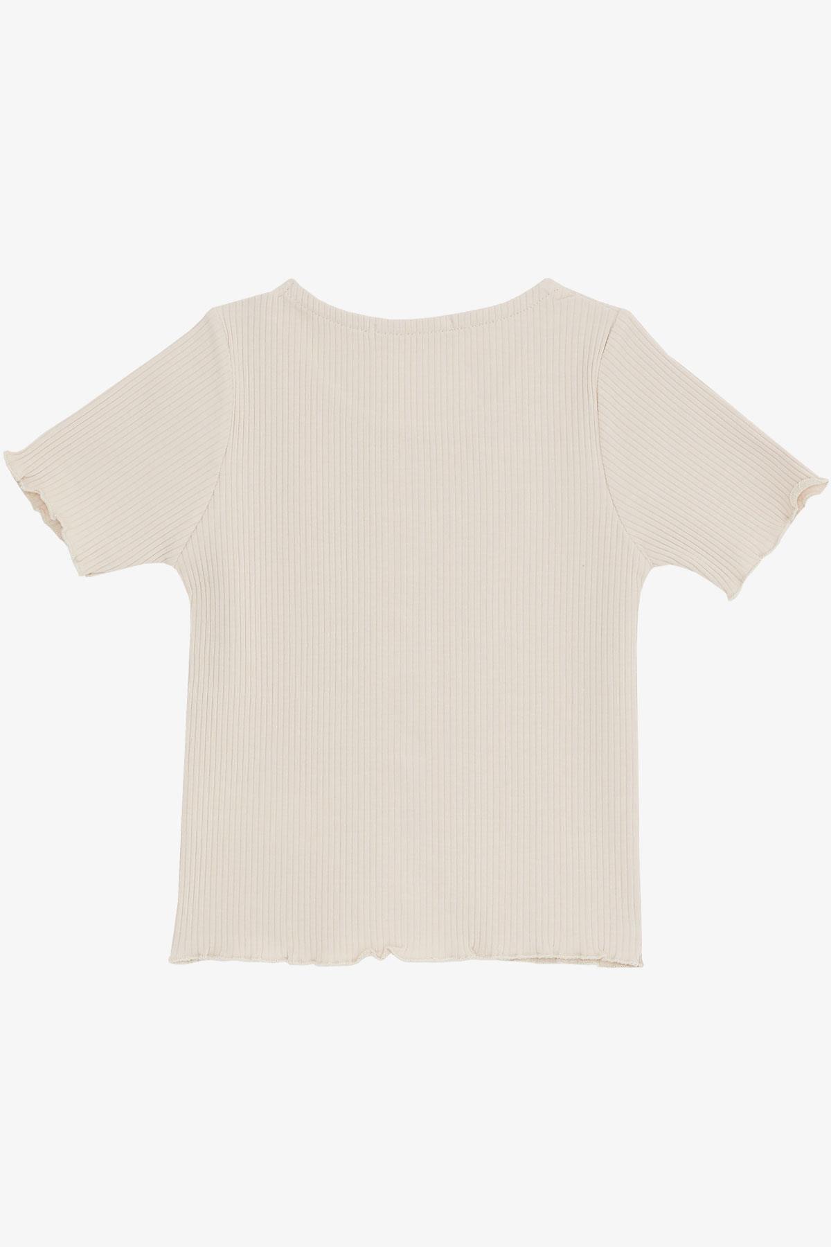 Breeze Kız Çocuk Tişört Crop Düğme Aksesuarlı Bej (8-14 Yaş)