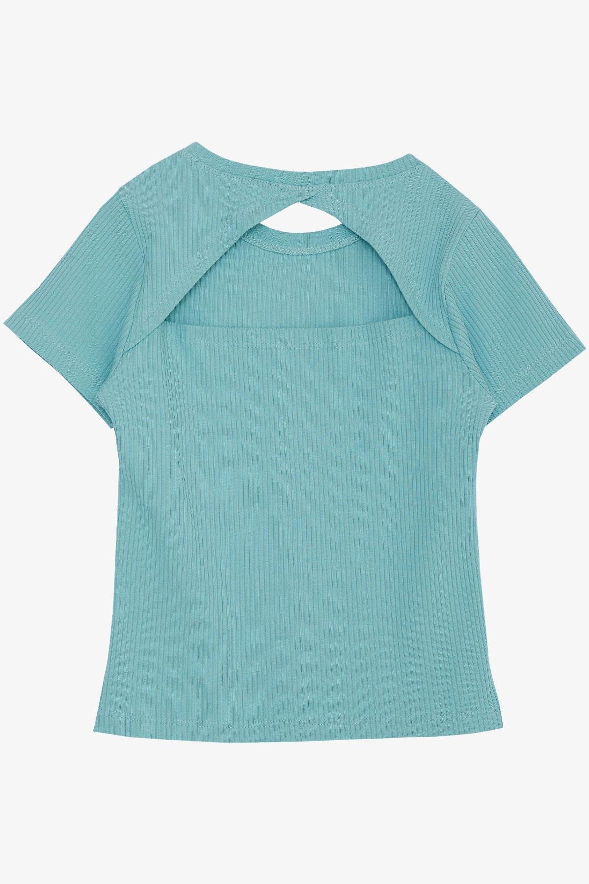 Breeze Kız Çocuk Tişört Crop Sırt Dekolteli Yazı Baskılı Simli Su Yeşili (9-14 Yaş)