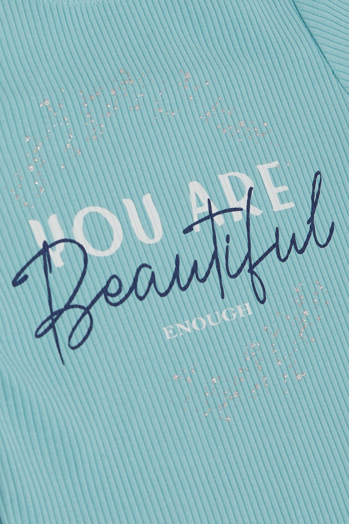 Breeze Kız Çocuk Tişört Crop Sırt Dekolteli Yazı Baskılı Simli Su Yeşili (9-14 Yaş)