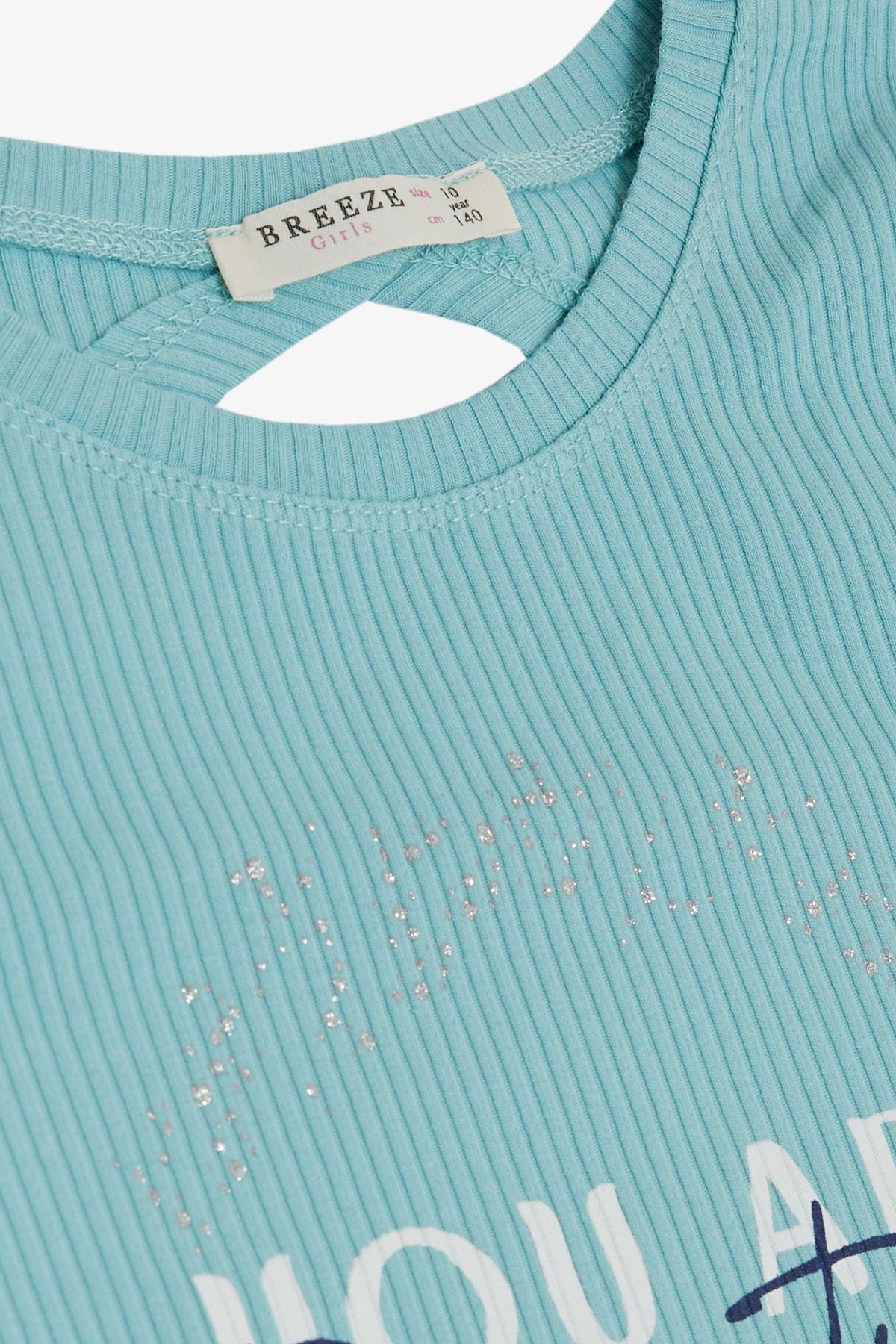 Breeze Kız Çocuk Tişört Crop Sırt Dekolteli Yazı Baskılı Simli Su Yeşili (9-14 Yaş)