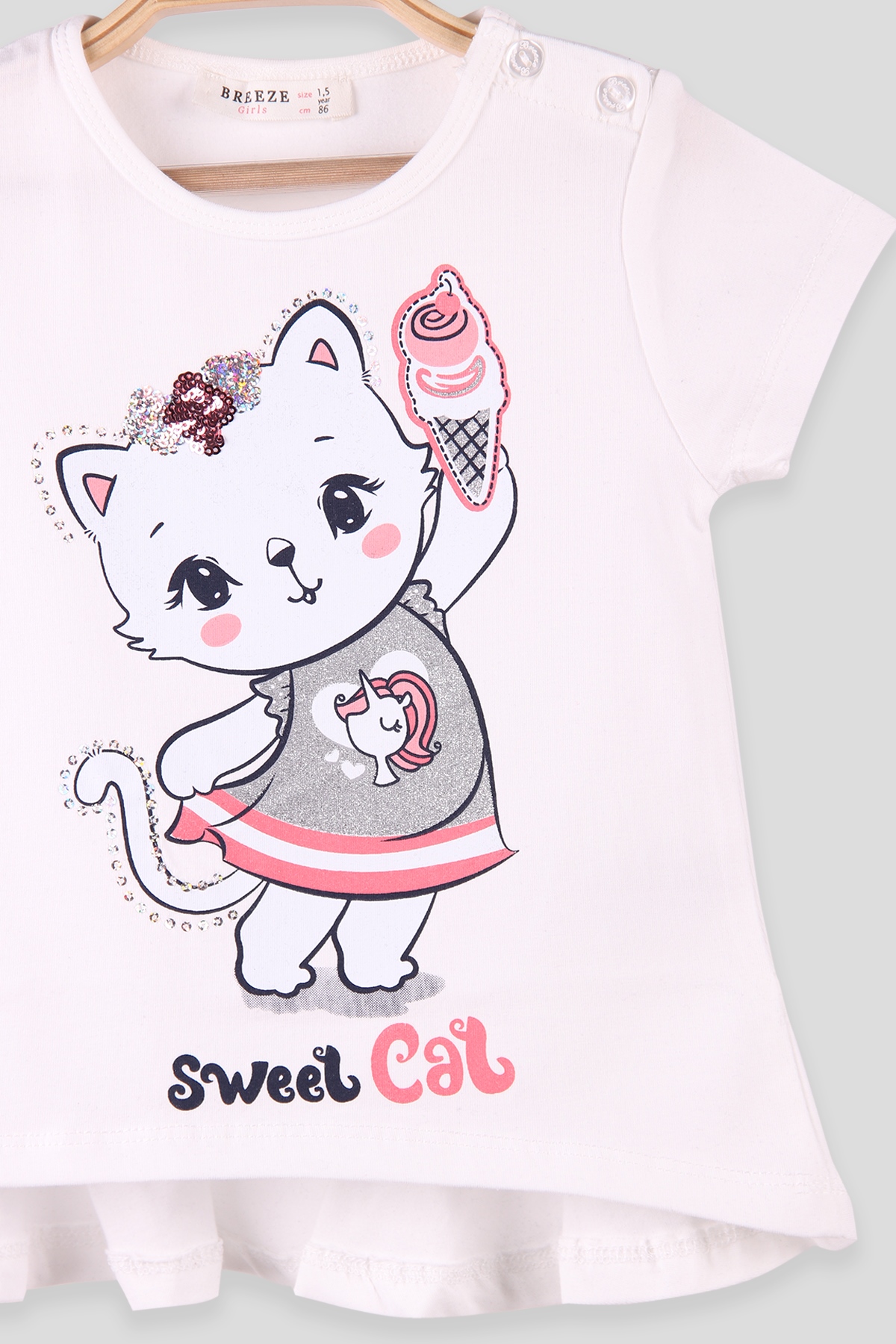 Breeze Kız Çocuk Tişört Dondurmalı Kedi Ekru (1.5-5 Yaş)