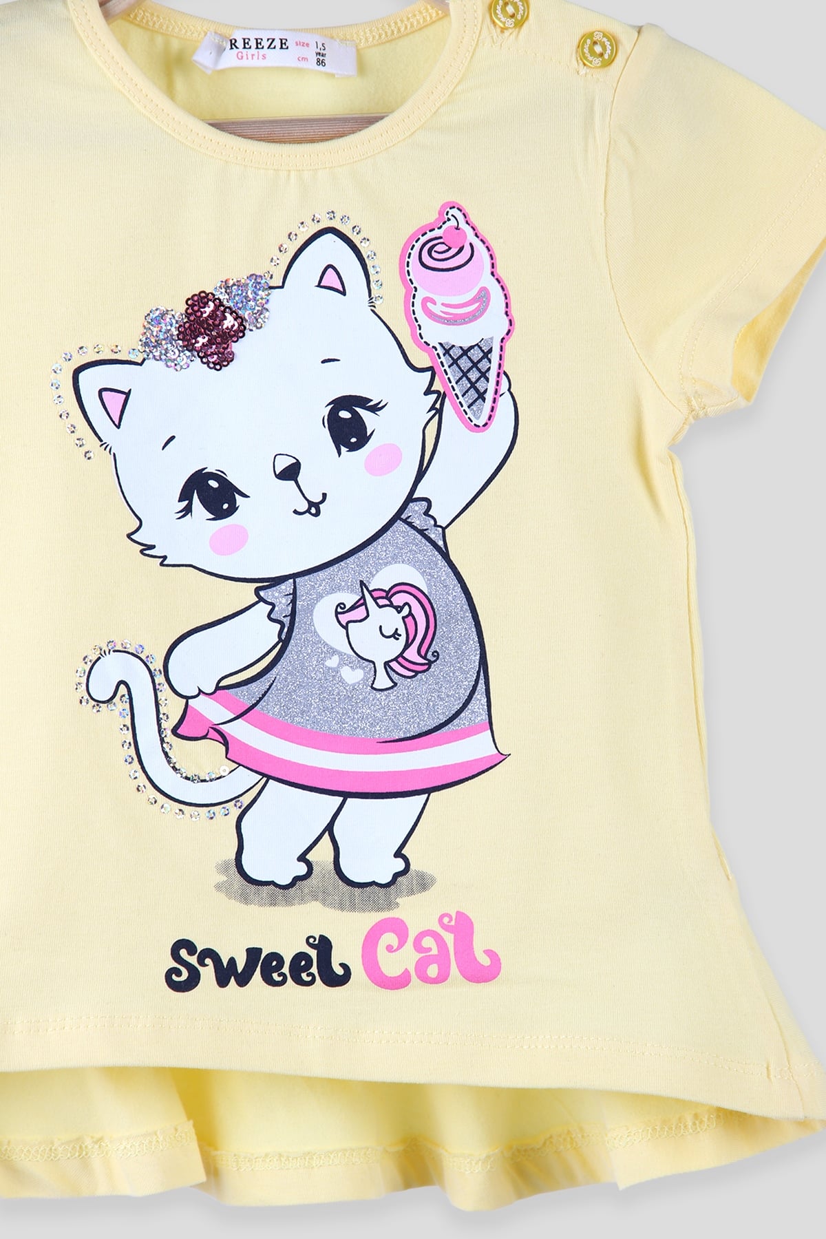 Breeze Kız Çocuk Tişört Dondurmalı Kedi Sarı (1.5-5 Yaş)