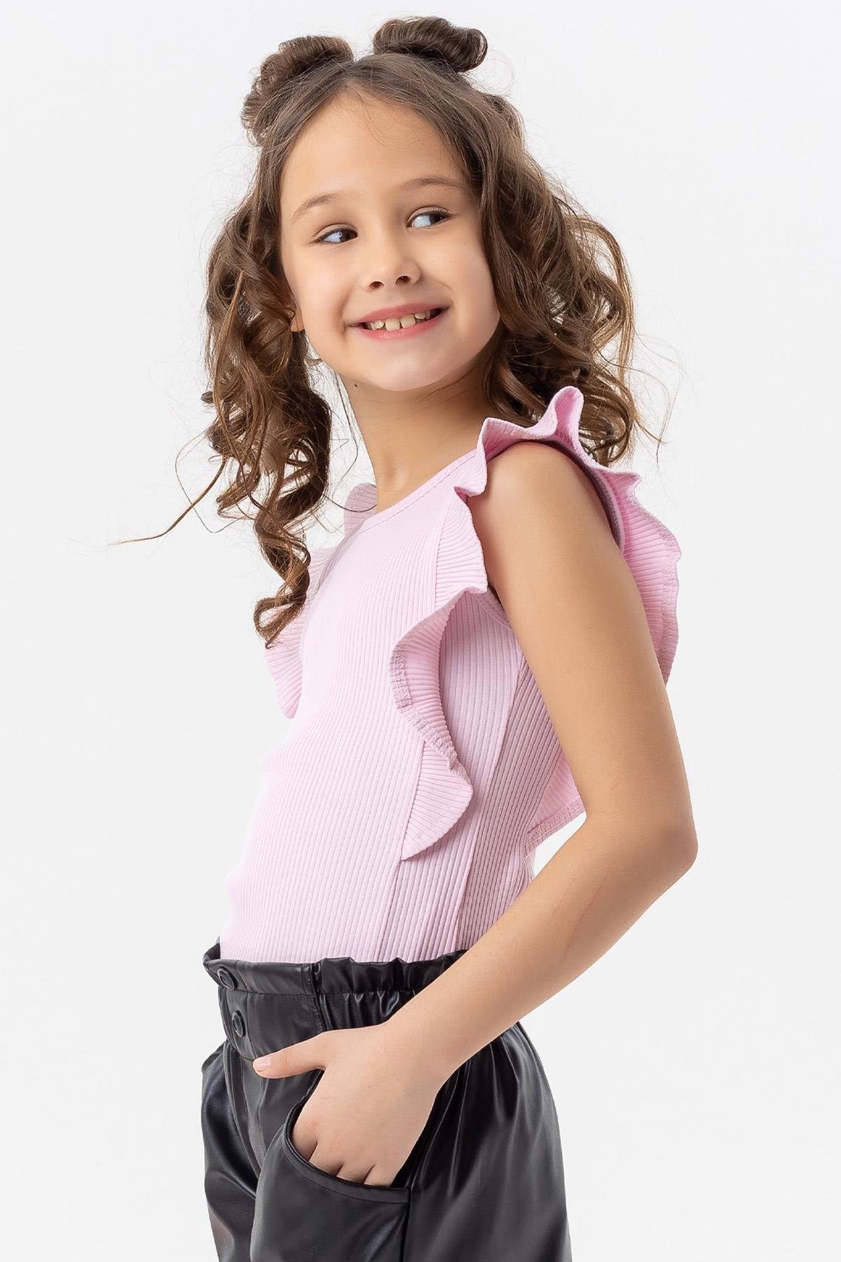 Breeze Kız Çocuk Tişört Fırfırlı Düğmeli Pembe (7-12 Yaş)