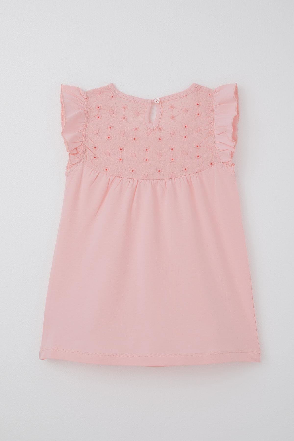 Breeze Kız Çocuk Tişört Fırfırlı Nakışlı Pembe (4-8 Yaş)