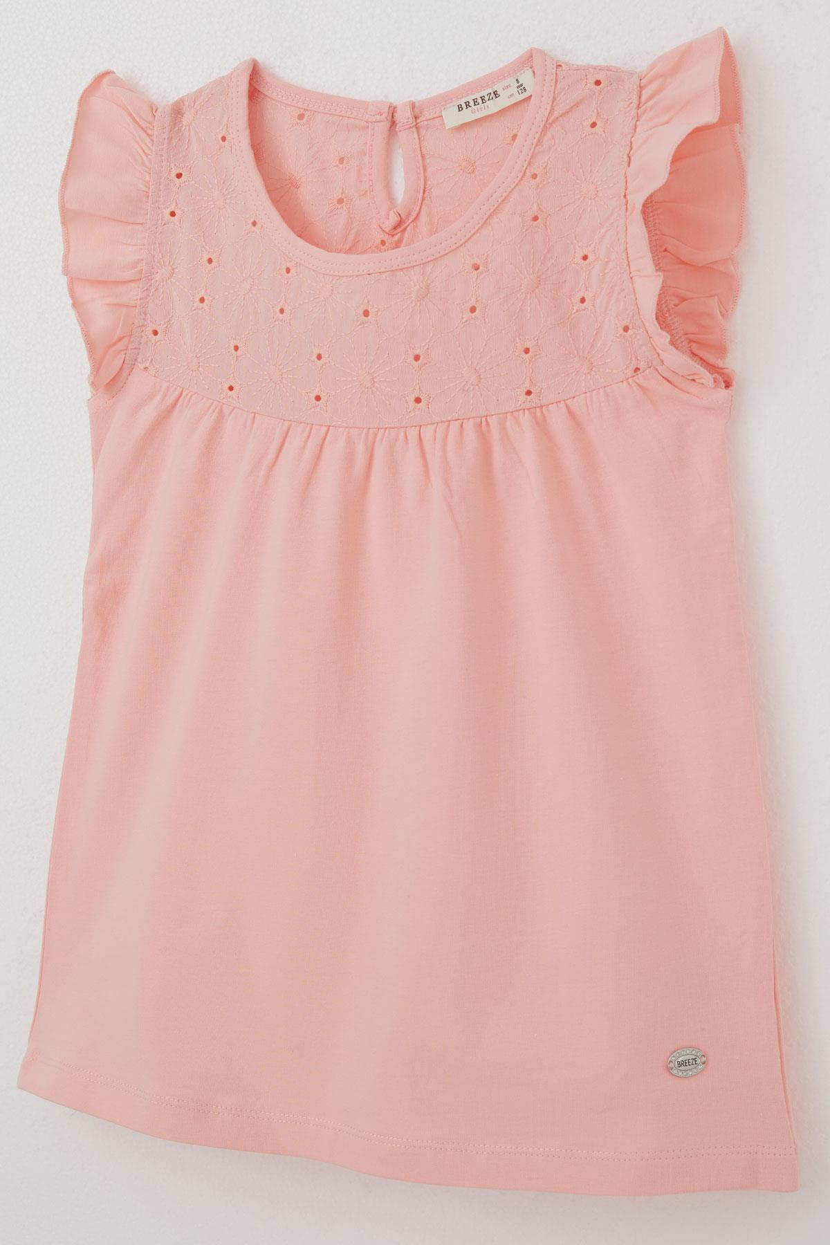 Breeze Kız Çocuk Tişört Fırfırlı Nakışlı Somon (4-8 Yaş)