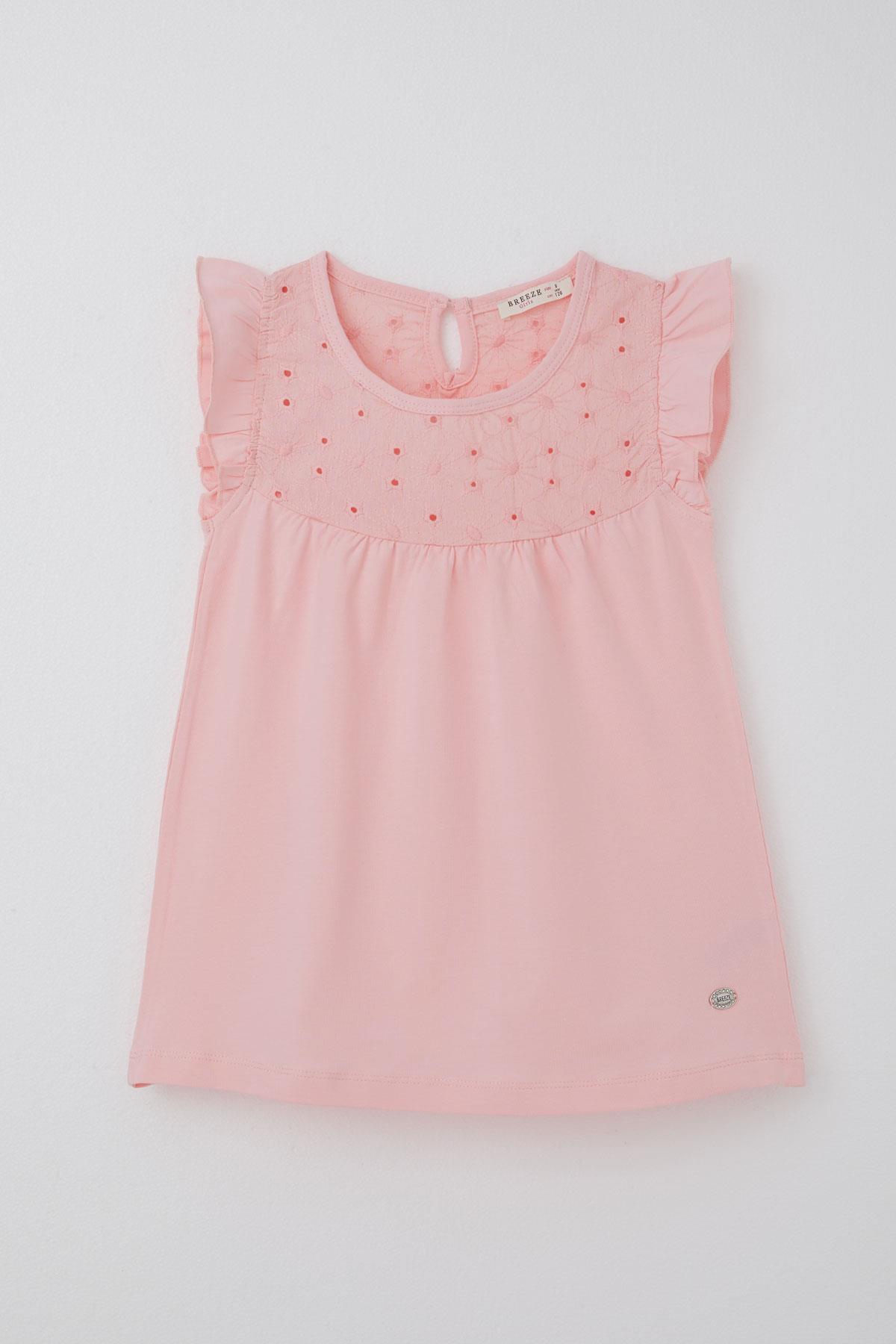 Breeze Kız Çocuk Tişört Fırfırlı Nakışlı Pembe (4-8 Yaş)