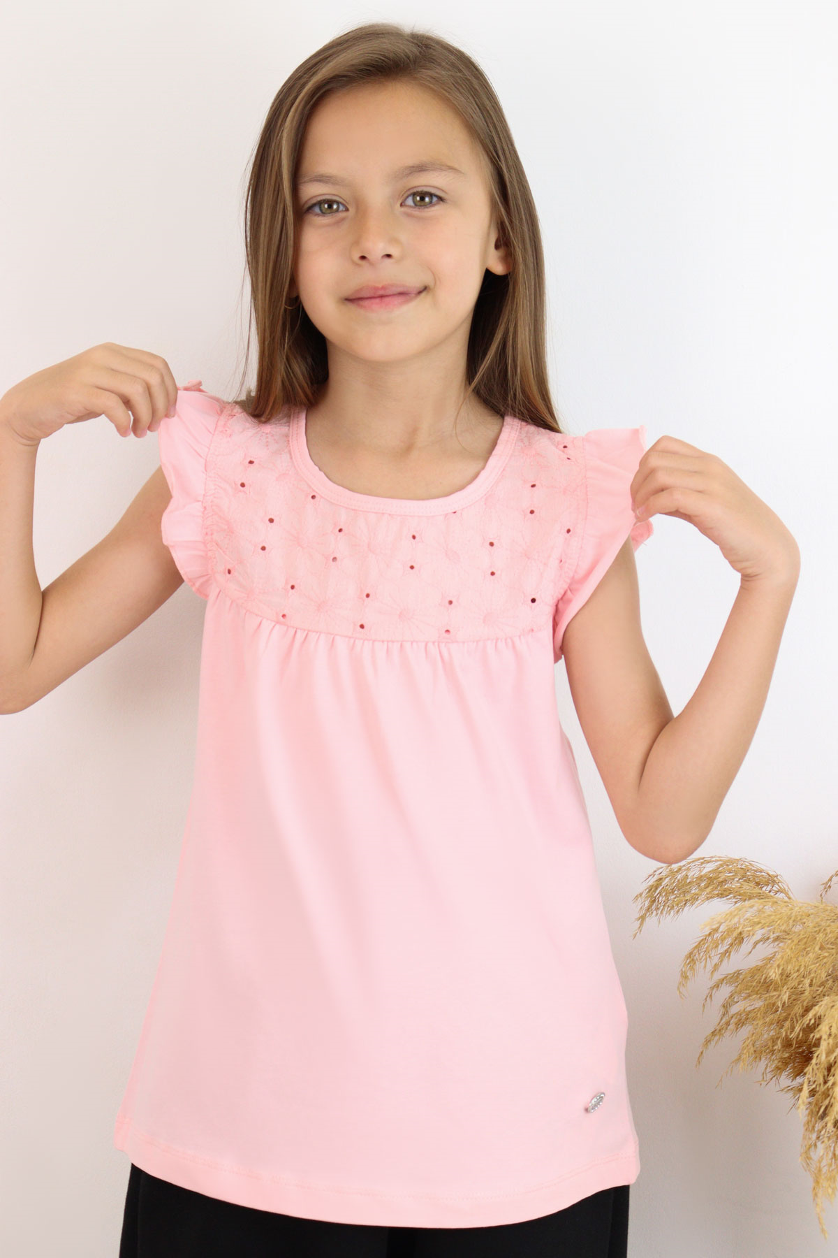 Breeze Kız Çocuk Tişört Fırfırlı Nakışlı Pembe (4-8 Yaş)