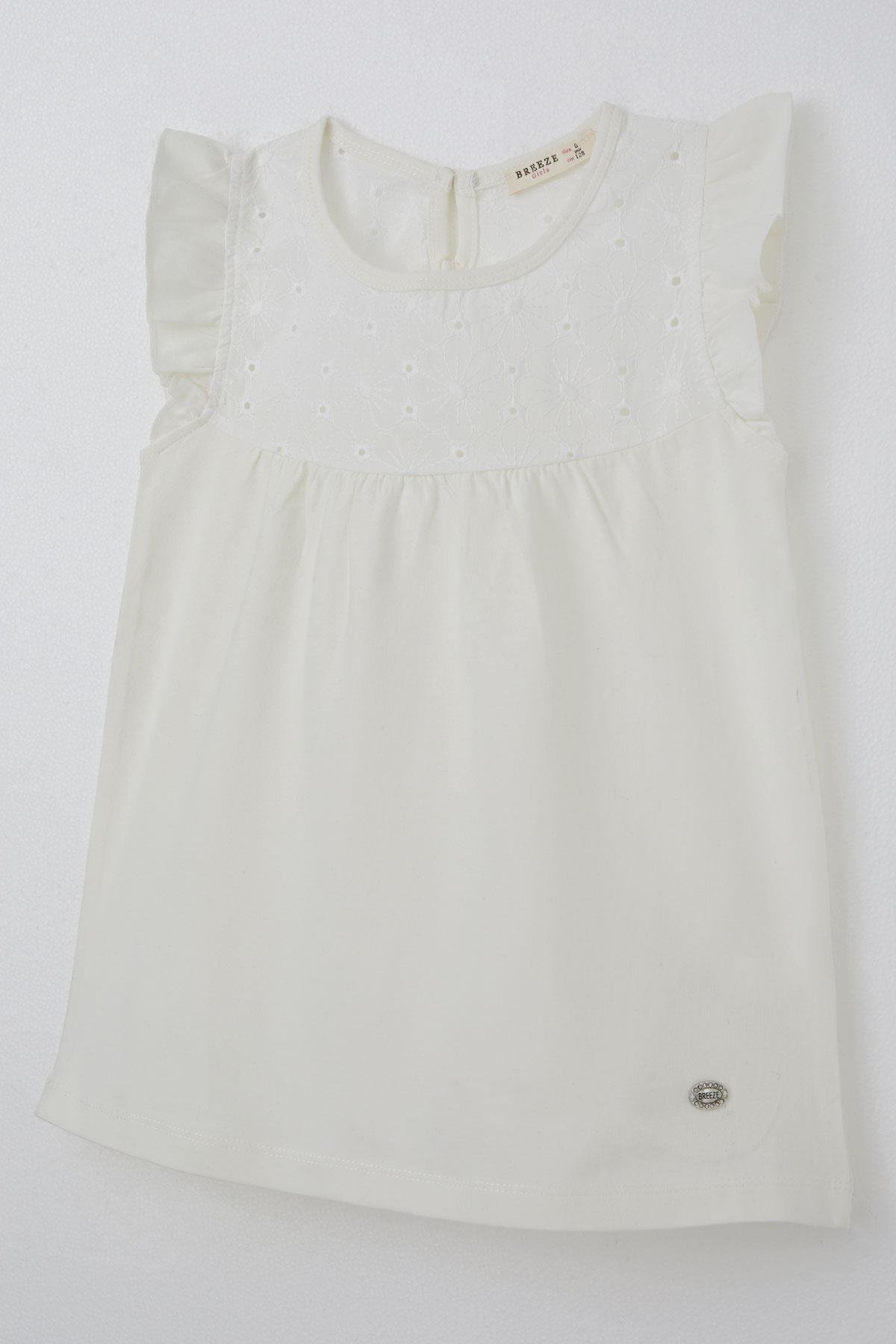Breeze Kız Çocuk Tişört Fırfırlı Nakışlı Ekru (4-8 Yaş)