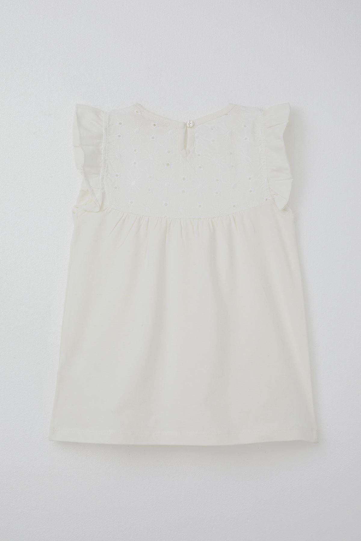 Breeze Kız Çocuk Tişört Fırfırlı Nakışlı Ekru (4-8 Yaş)