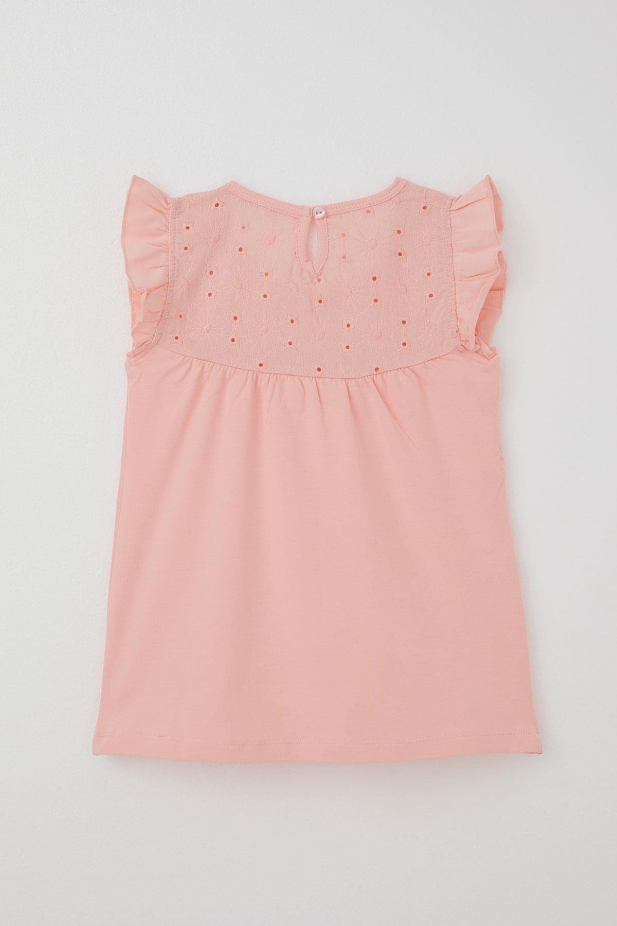 Breeze Kız Çocuk Tişört Fırfırlı Nakışlı Somon (4-8 Yaş)