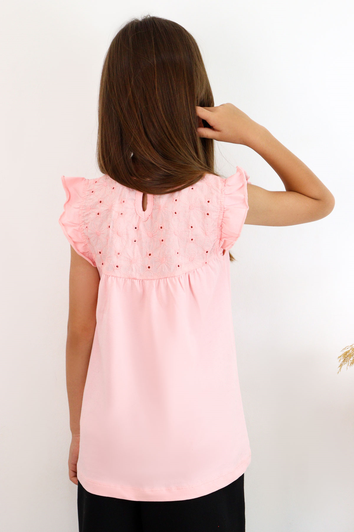 Breeze Kız Çocuk Tişört Fırfırlı Nakışlı Pembe (4-8 Yaş)