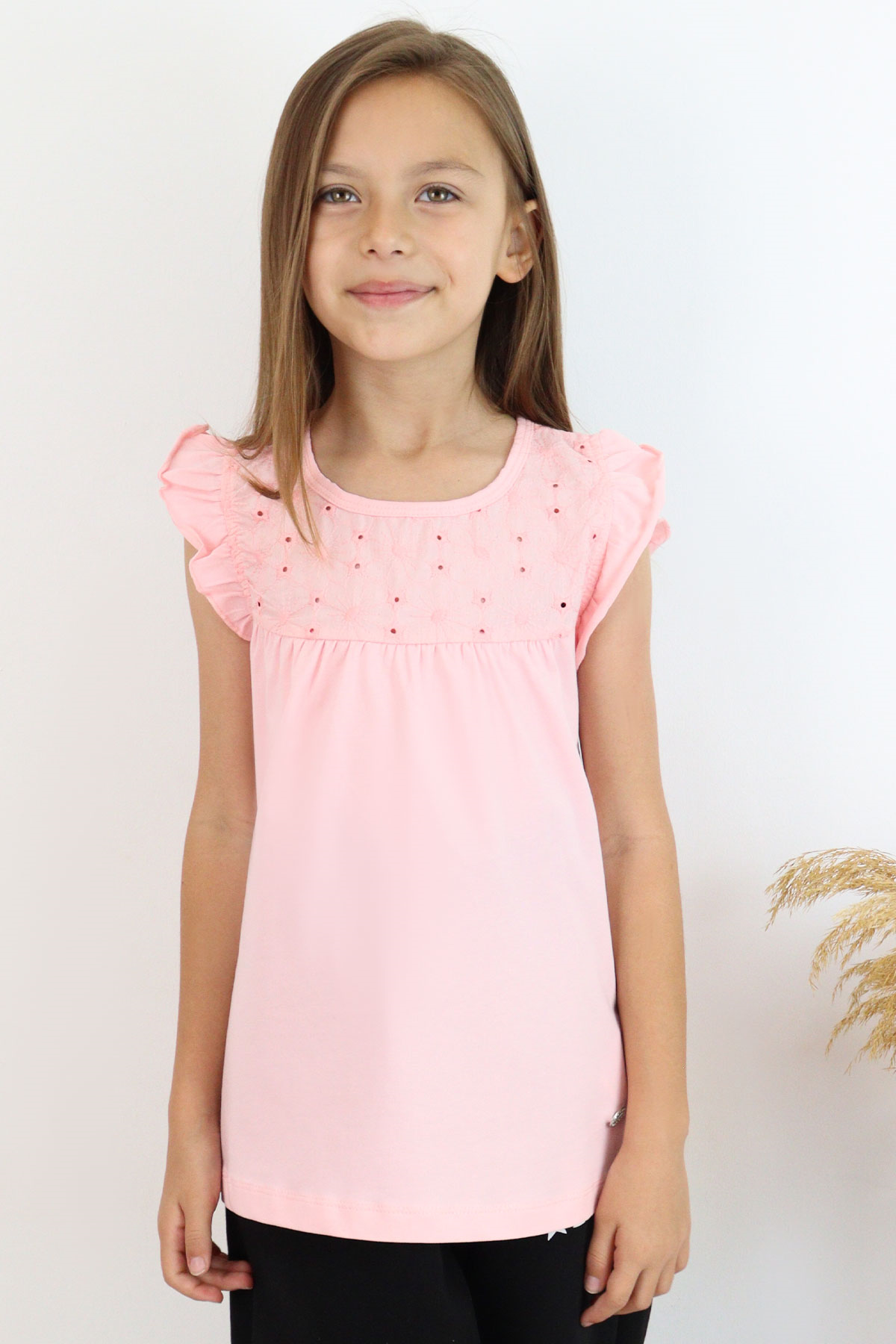 Breeze Kız Çocuk Tişört Fırfırlı Nakışlı Pembe (4-8 Yaş)