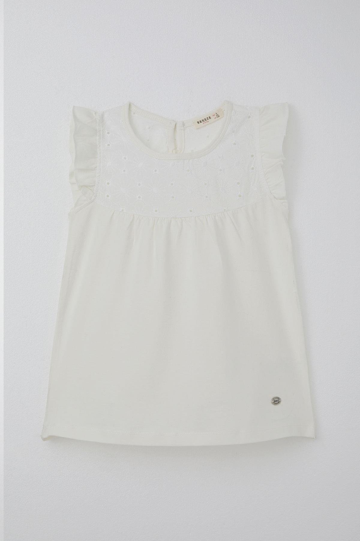 Breeze Kız Çocuk Tişört Fırfırlı Nakışlı Ekru (4-8 Yaş)