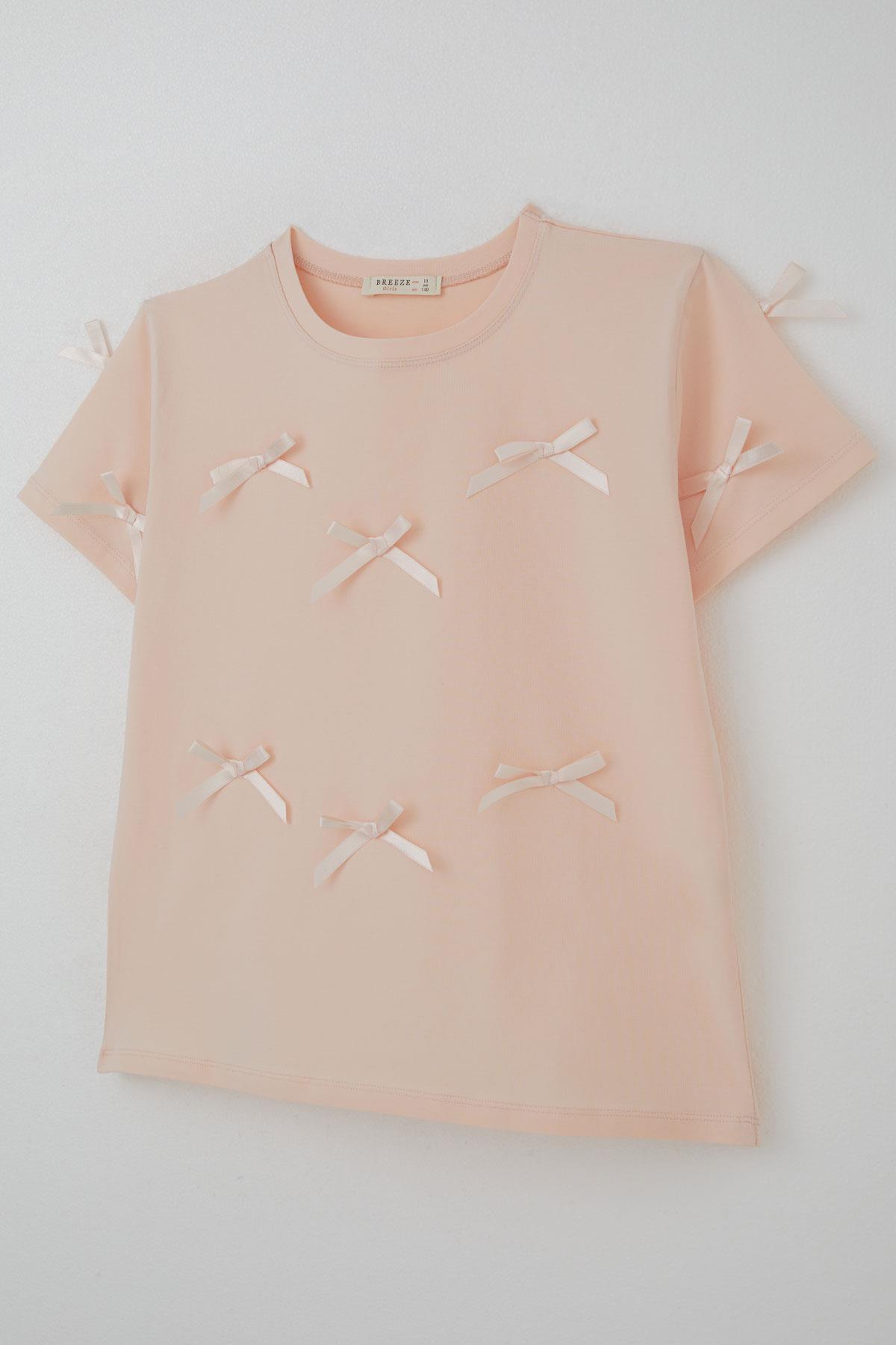 Breeze Kız Çocuk Tişört Fiyonk Aksesuar Detaylı Pudra (9-14 Yaş)