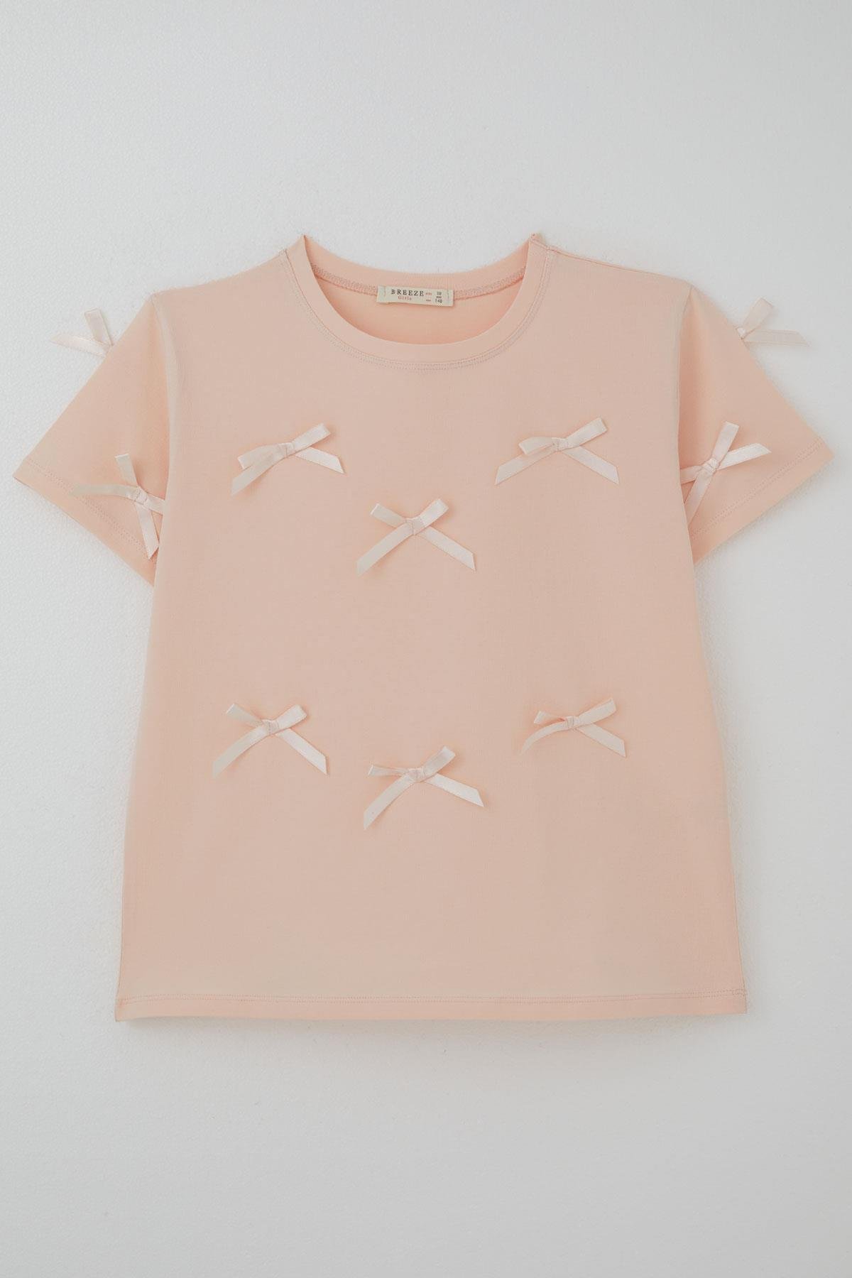 Breeze Kız Çocuk Tişört Fiyonk Aksesuar Detaylı Pudra (9-14 Yaş)