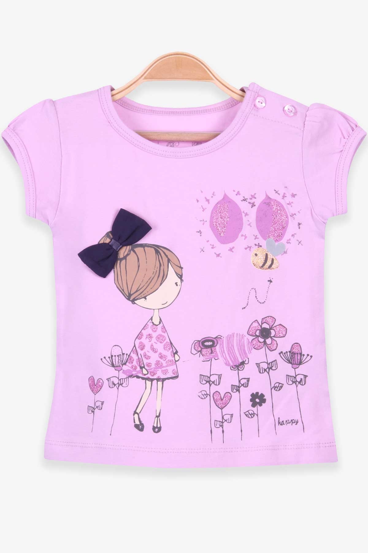 Breeze Kız Çocuk Tişört Fiyonklu Baskılı Eflatun (1.5-5 Yaş)