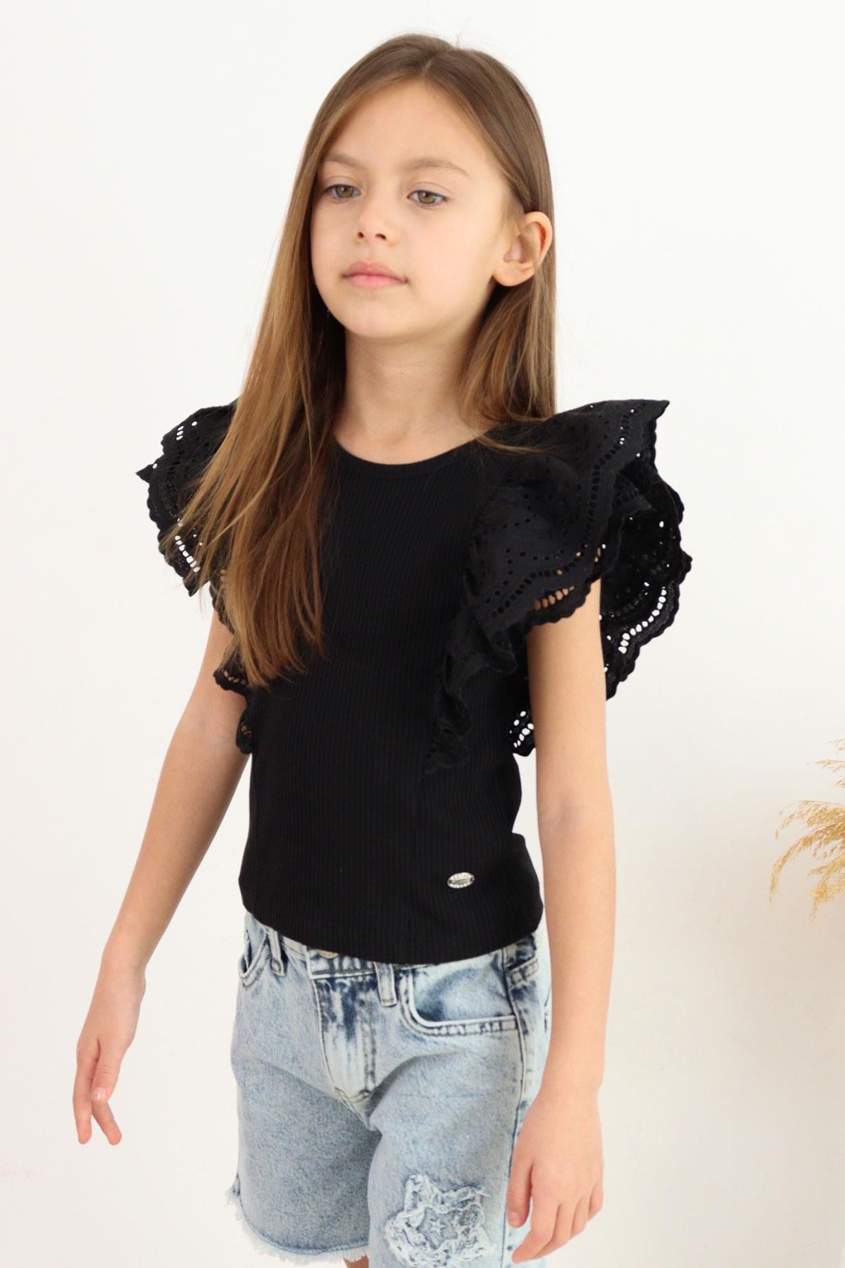 Breeze Kız Çocuk Tişört Güpürlü Çiçek & Yaprak Nakışlı Siyah (6-12 Yaş)