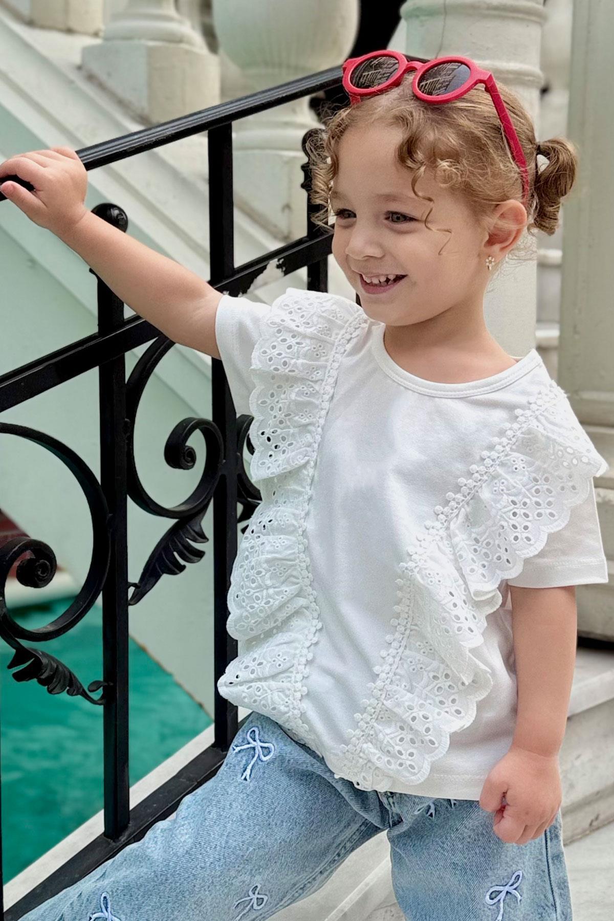 Breeze Kız Çocuk Tişört Güpürlü Çiçekleri Nakışlı Beyaz (1.5-5 Yaş)