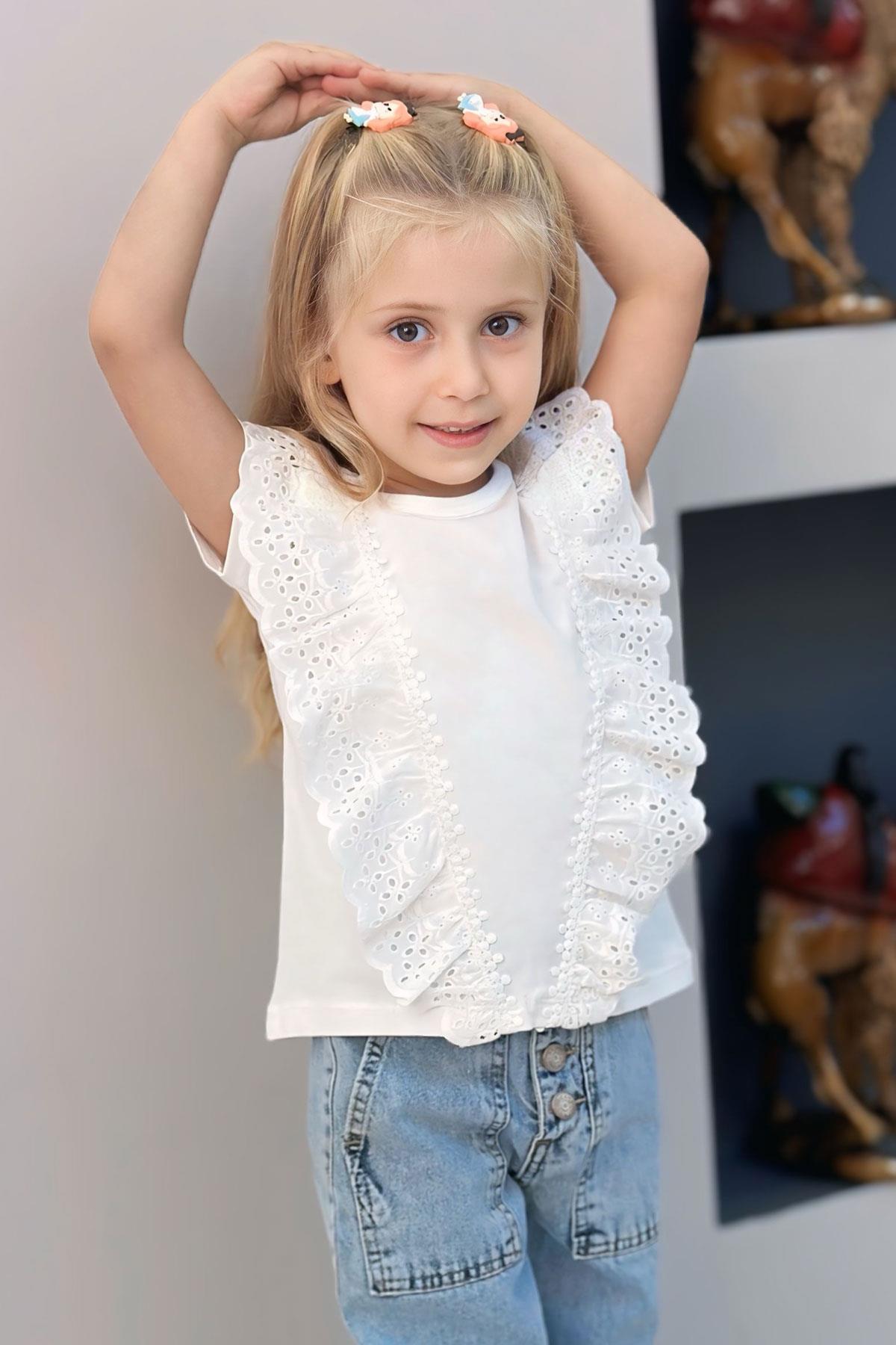 Breeze Kız Çocuk Tişört Güpürlü Çiçekleri Nakışlı Beyaz (1.5-5 Yaş)