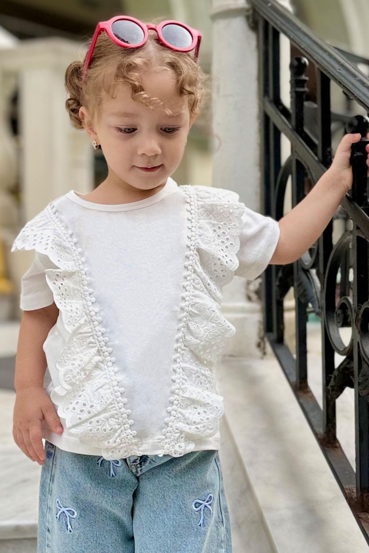 Breeze Kız Çocuk Tişört Güpürlü Çiçekleri Nakışlı Beyaz (1.5-5 Yaş)