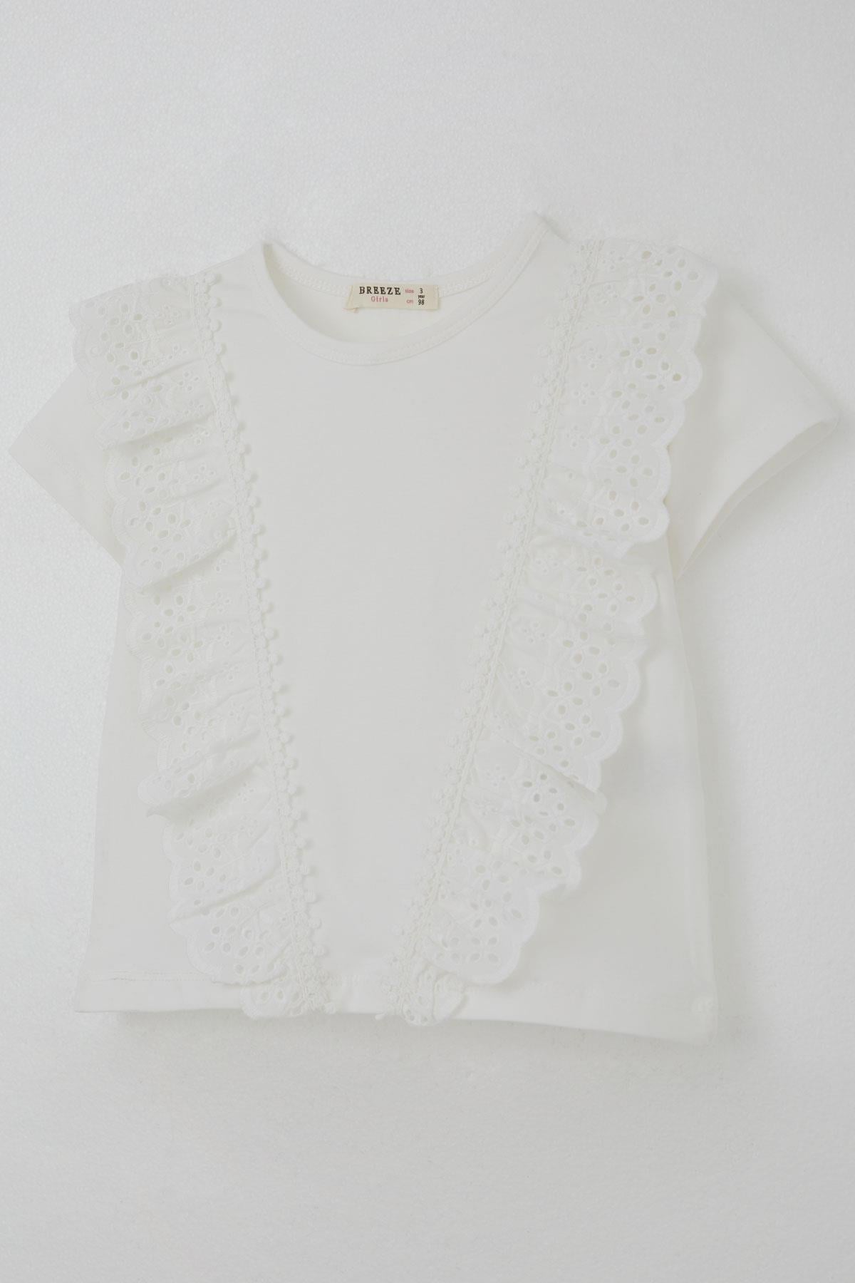 Breeze Kız Çocuk Tişört Güpürlü Çiçekleri Nakışlı Beyaz (1.5-5 Yaş)