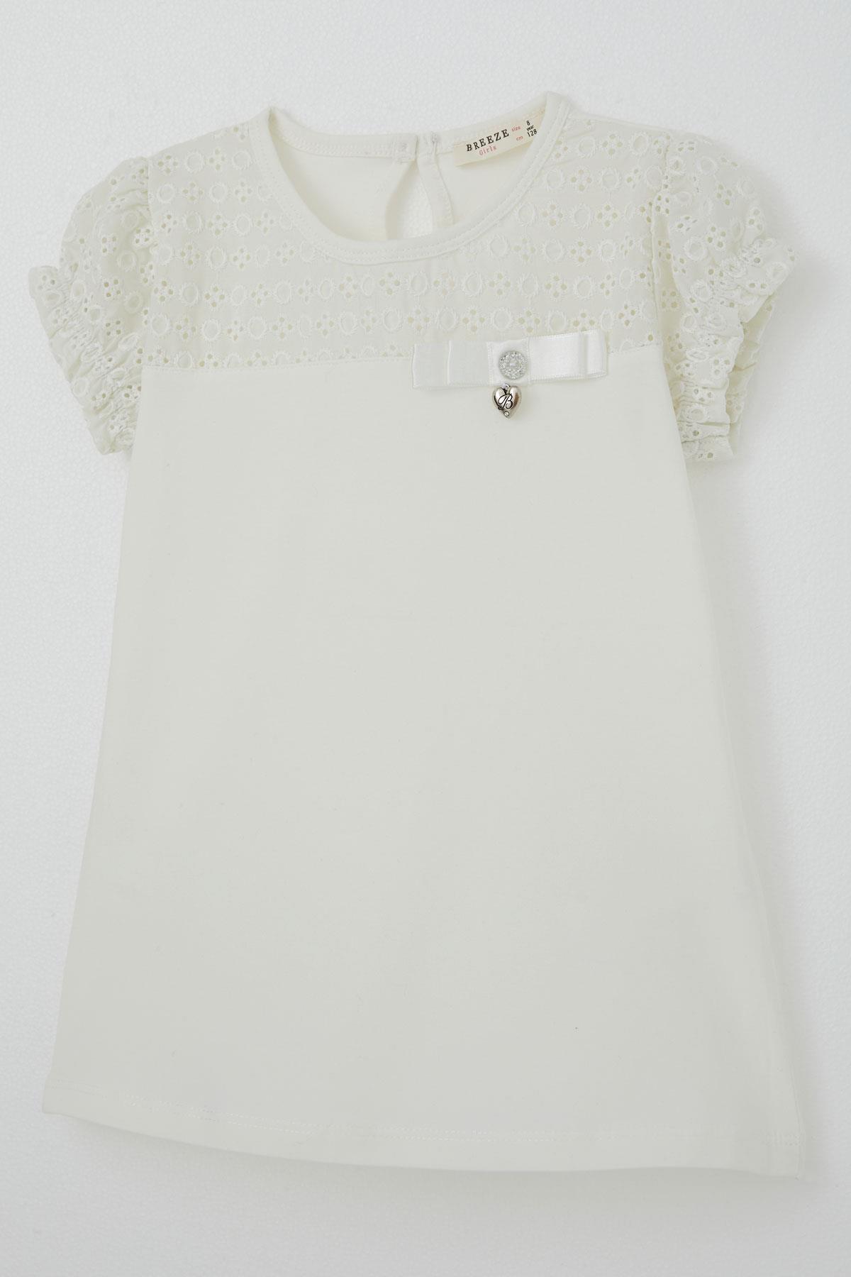 Breeze Kız Çocuk Tişört Güpürlü Kolları Lastikli Fiyonklu Ekru (5-10 Yaş)