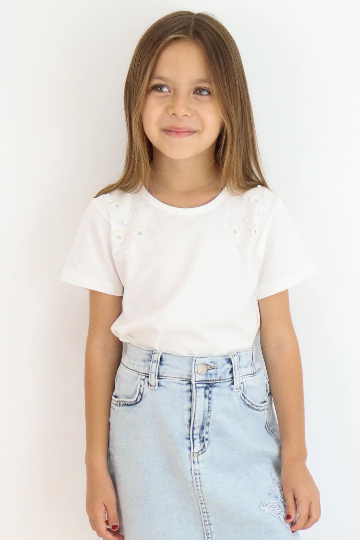 Breeze Kız Çocuk Tişört İnci Detaylı Çiçek Aksesuarlı Ekru (6-12 Yaş)