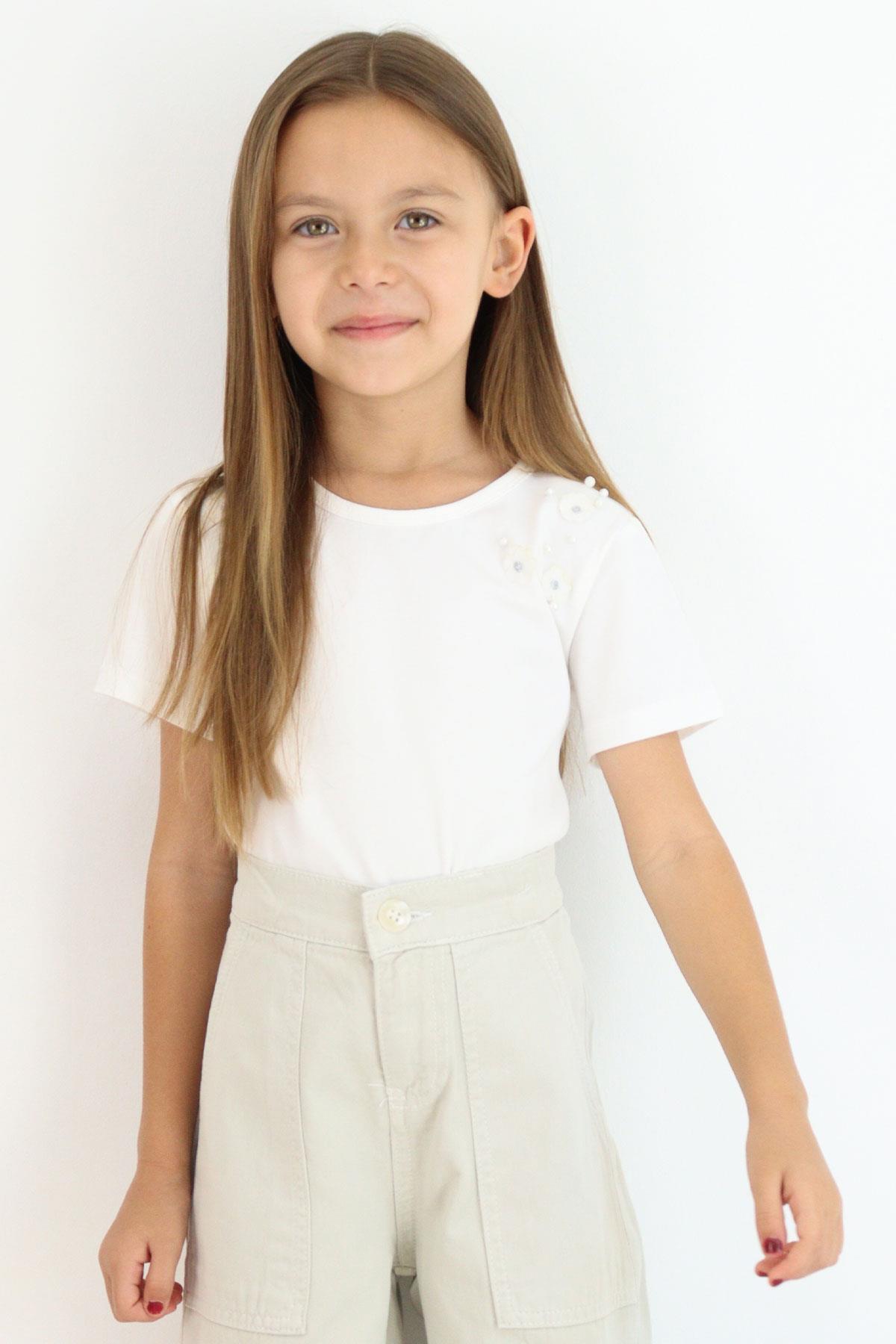 Breeze Kız Çocuk Tişört İnci Detaylı Çiçek Aksesuarlı Ekru (6-12 Yaş)