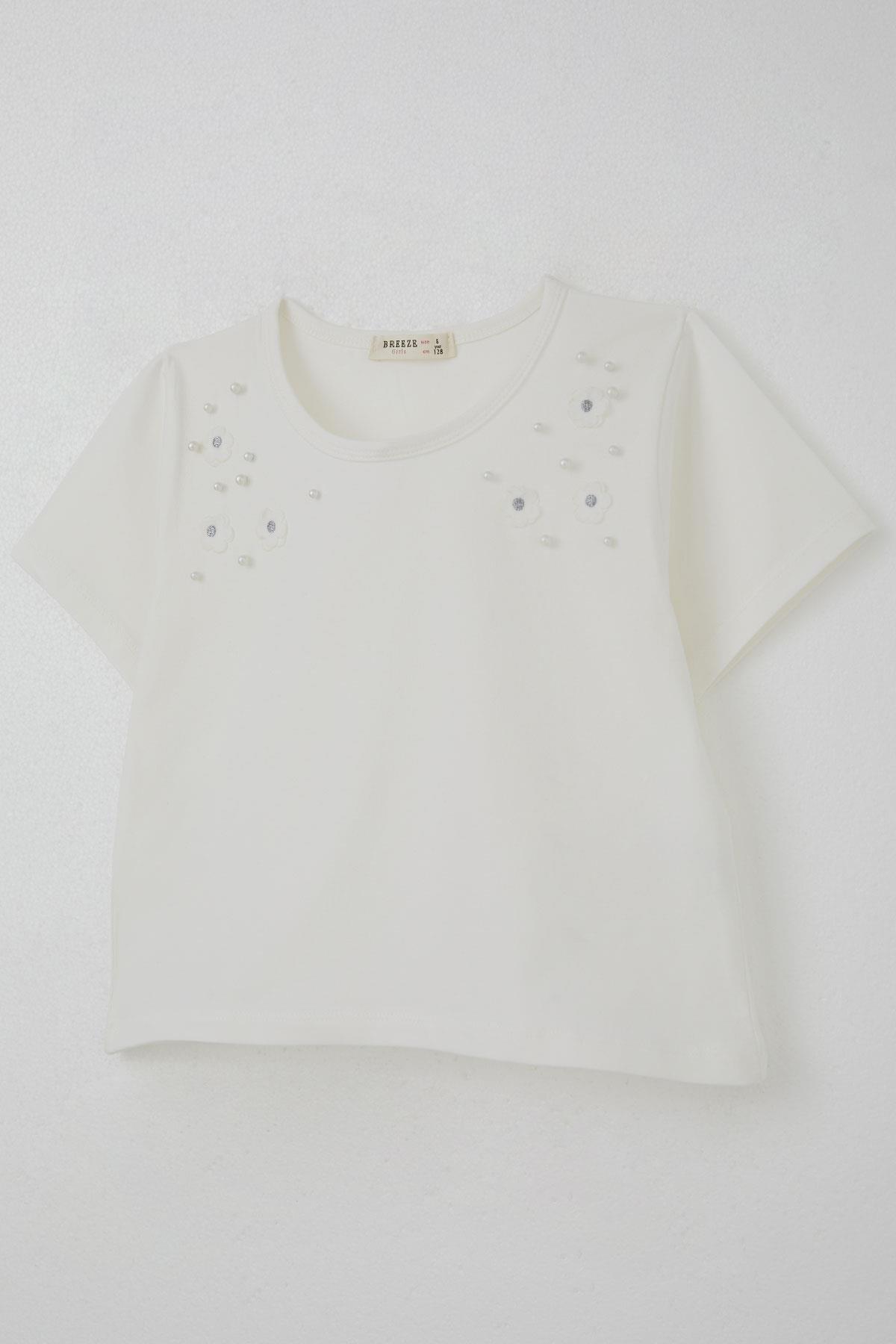 Breeze Kız Çocuk Tişört İnci Detaylı Çiçek Aksesuarlı Ekru (6-12 Yaş)