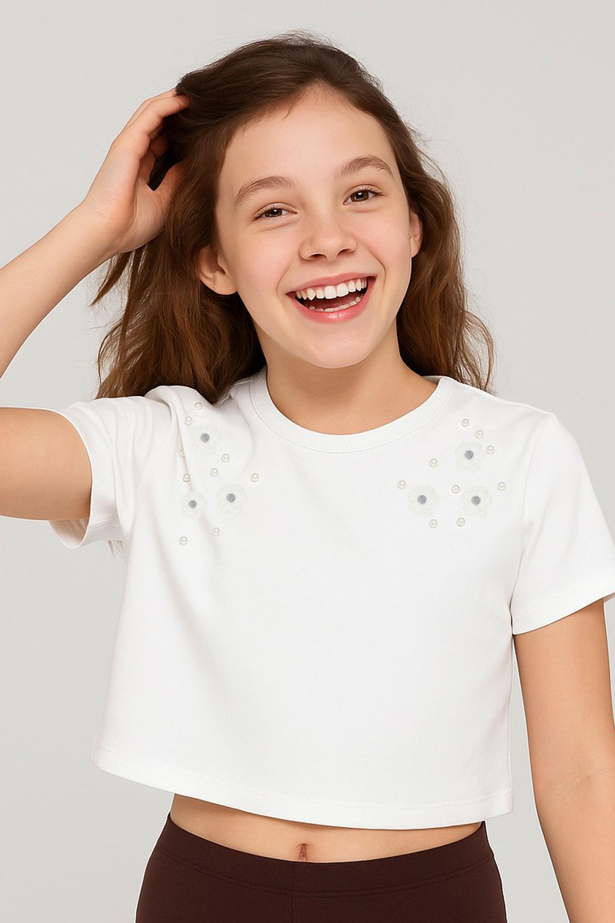 Breeze Kız Çocuk Tişört İnci Detaylı Çiçek Aksesuarlı Ekru (6-12 Yaş)