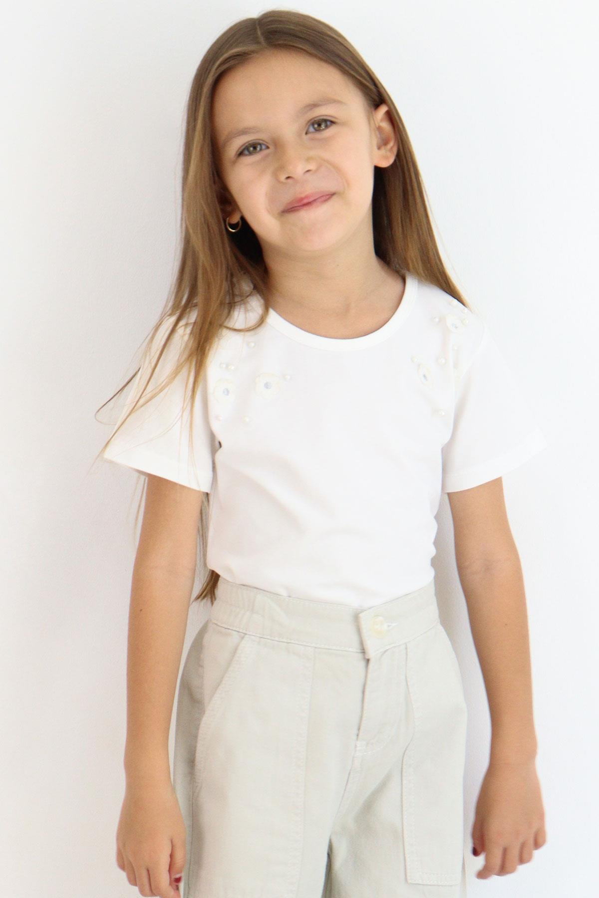 Breeze Kız Çocuk Tişört İnci Detaylı Çiçek Aksesuarlı Ekru (6-12 Yaş)