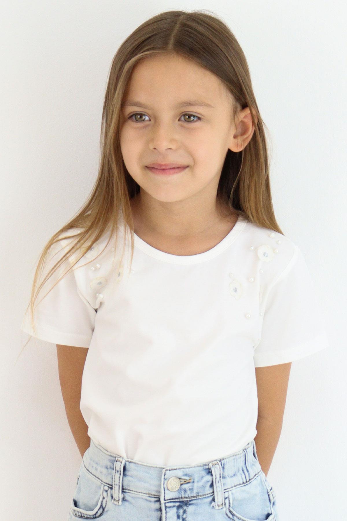 Breeze Kız Çocuk Tişört İnci Detaylı Çiçek Aksesuarlı Ekru (6-12 Yaş)