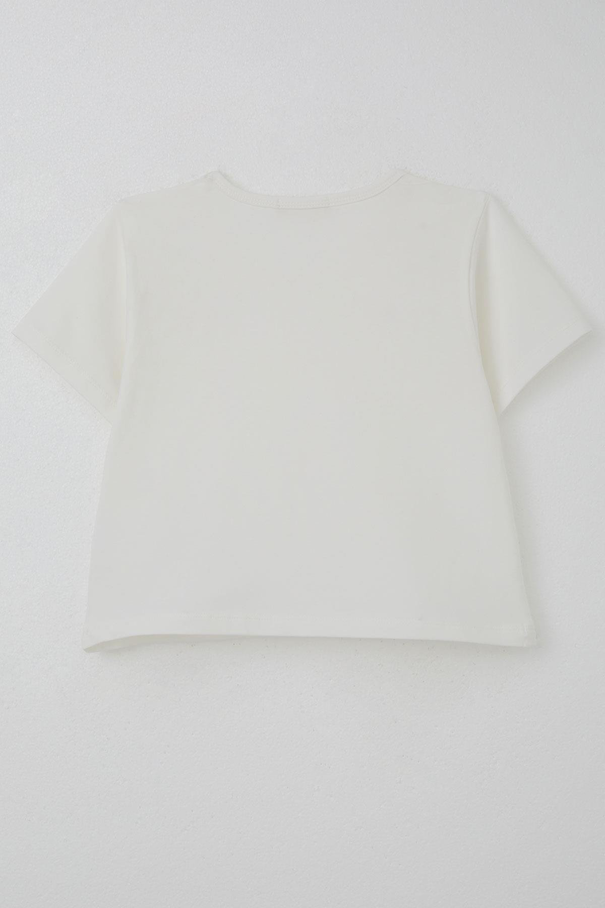 Breeze Kız Çocuk Tişört İnci Detaylı Çiçek Aksesuarlı Ekru (6-12 Yaş)