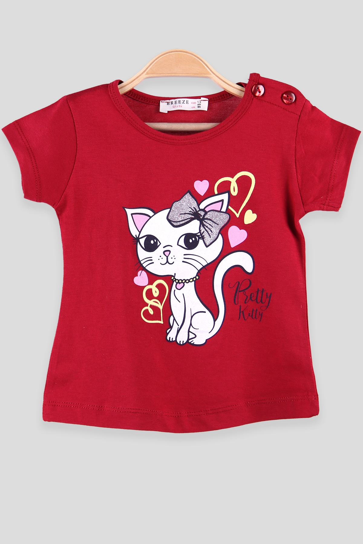 Breeze Kız Çocuk Tişört Kedi Baskılı Bordo (1.5-5 Yaş)