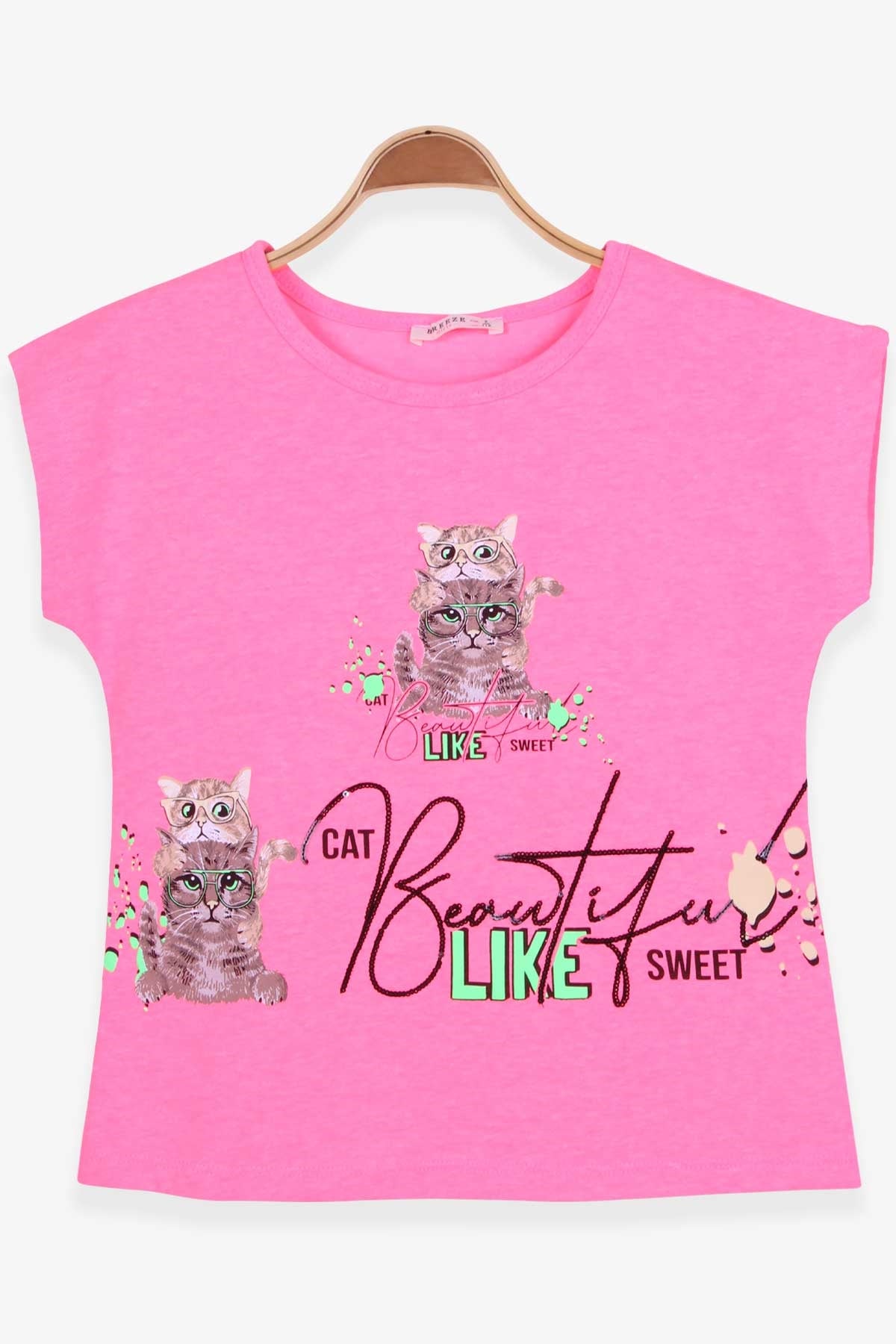 Breeze Kız Çocuk Tişört Kedi Baskılı Neon Pembe (6-10 Yaş)